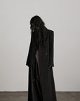 DOINDULGE Double Breasted Long Coat with Pinstripe and Contrast Lining