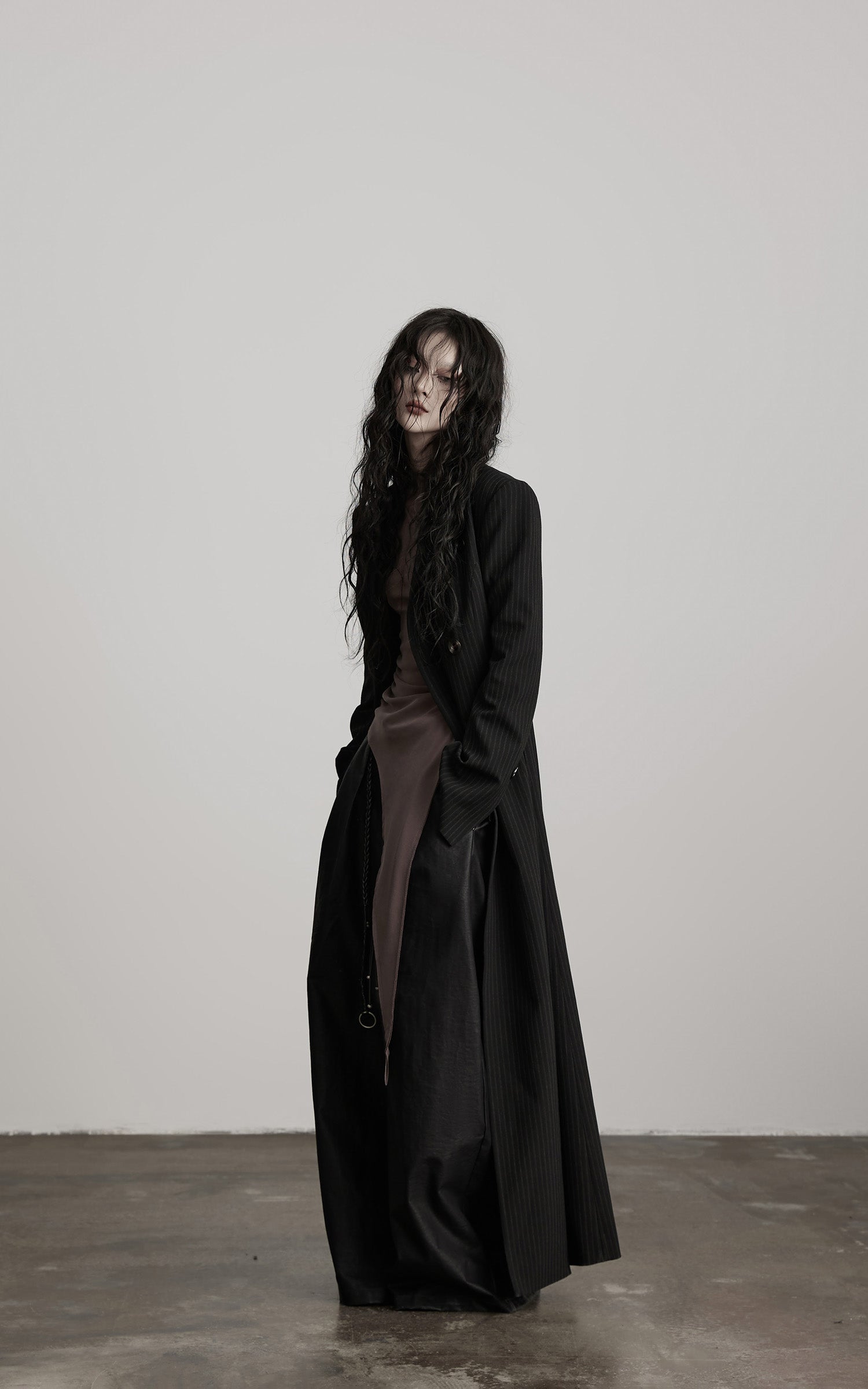 DOINDULGE Double Breasted Long Coat with Pinstripe and Contrast Lining