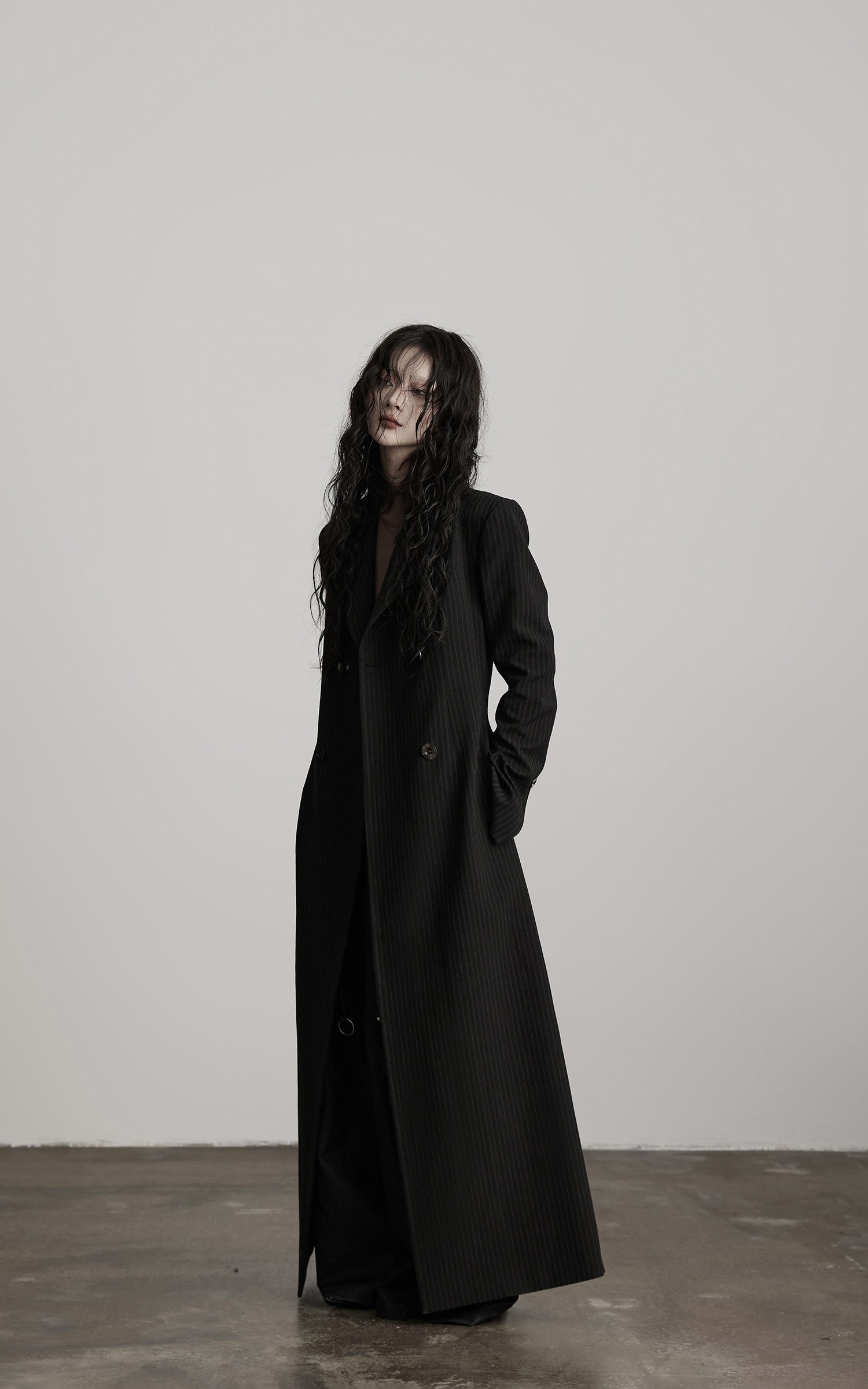 DOINDULGE Double Breasted Long Coat with Pinstripe and Contrast Lining