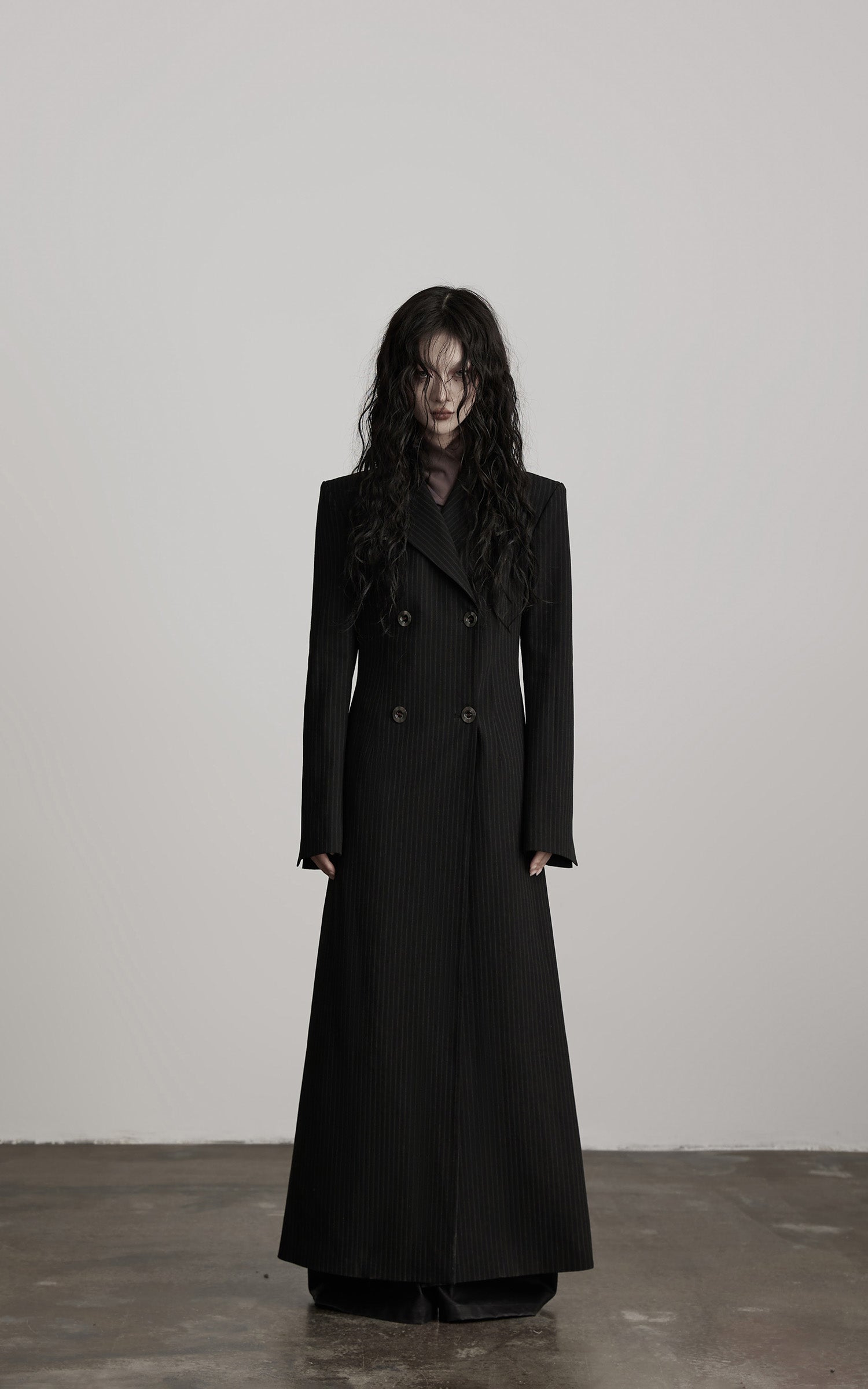 DOINDULGE Double Breasted Long Coat with Pinstripe and Contrast Lining