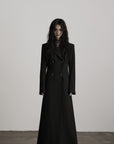 DOINDULGE Double Breasted Long Coat with Pinstripe and Contrast Lining