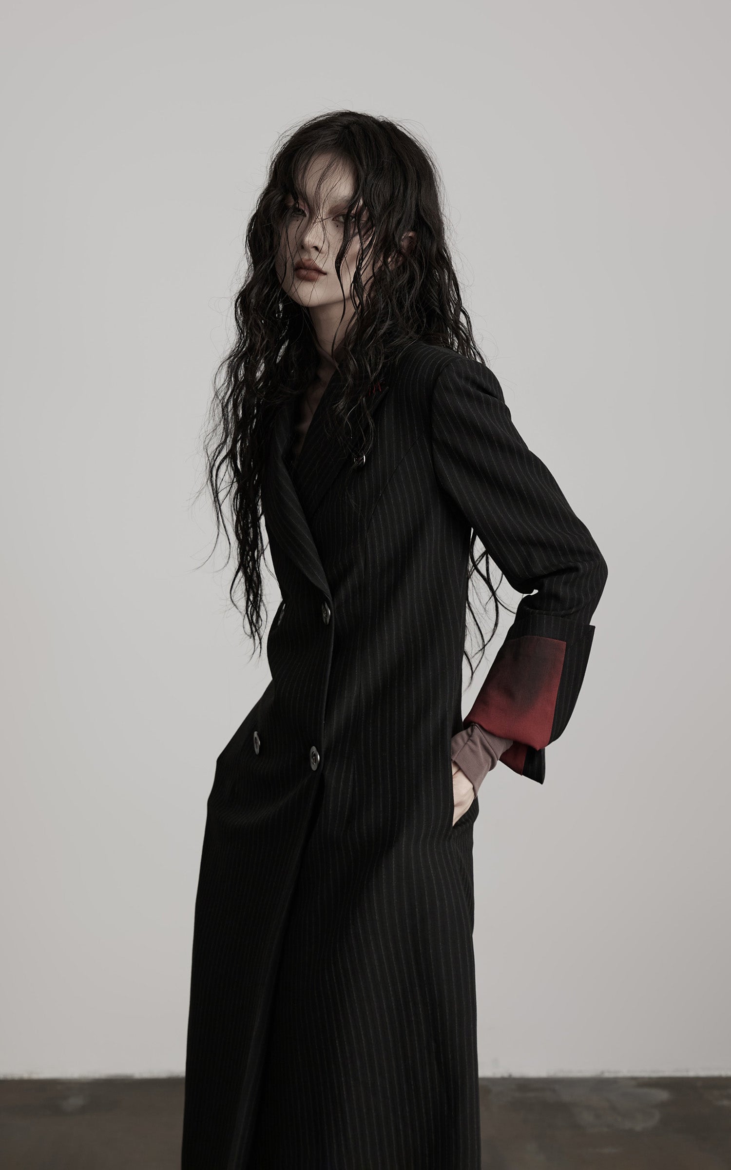 DOINDULGE Double Breasted Long Coat with Pinstripe and Contrast Lining