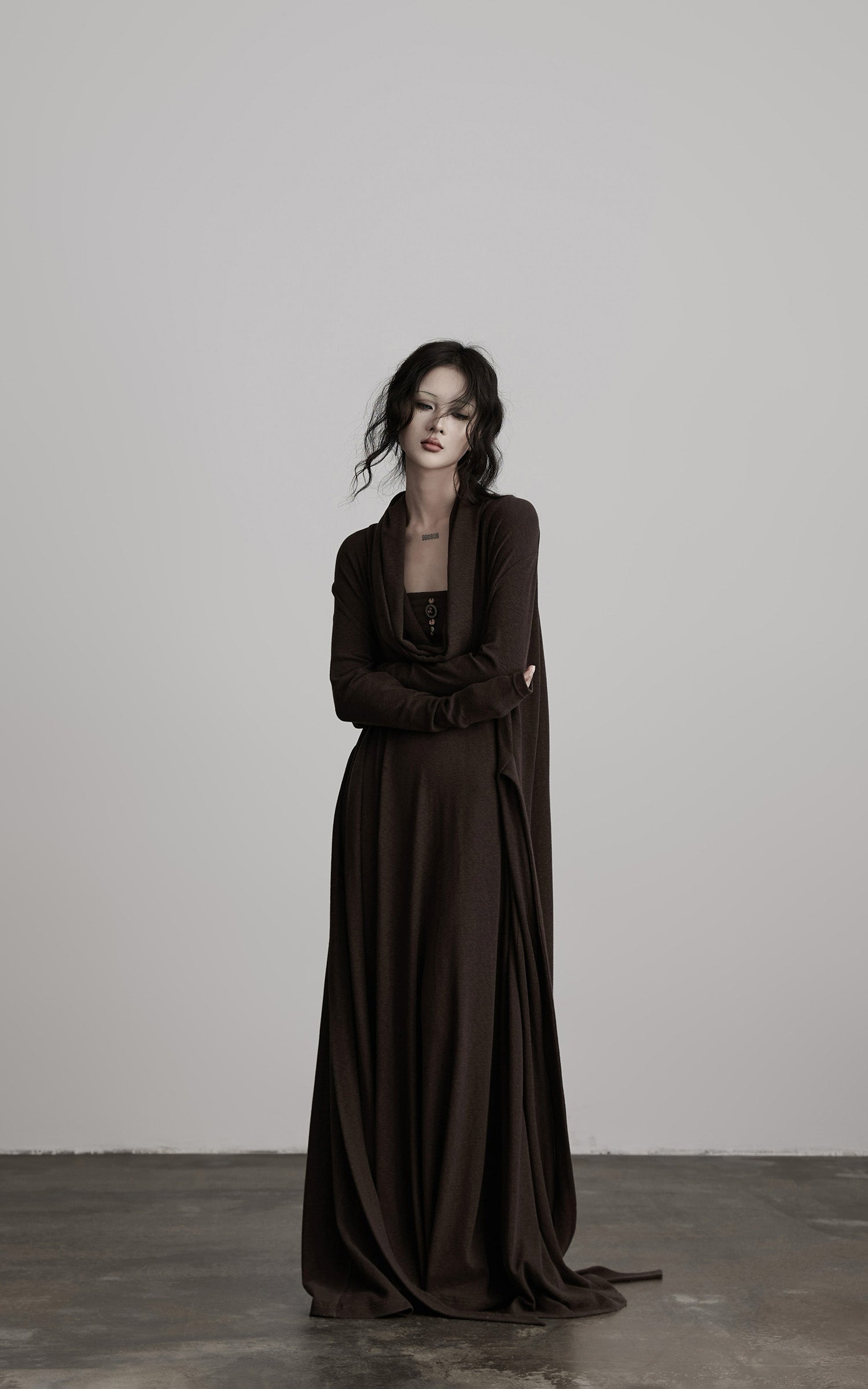 DOINDULGE Draped Knit Maxi Dress with Cowl Neck and Natural Button Detail