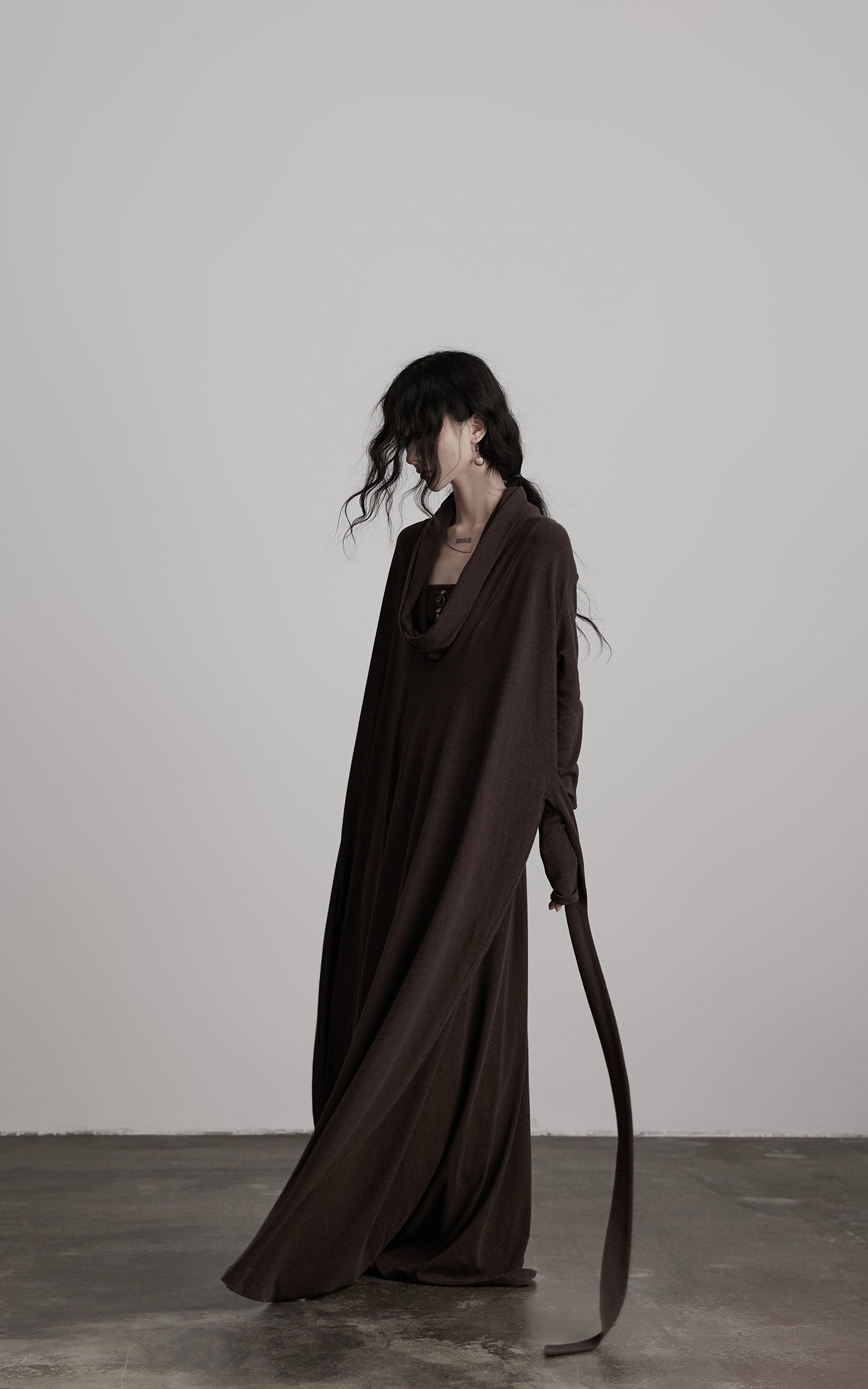DOINDULGE Draped Knit Maxi Dress with Cowl Neck and Natural Button Detail