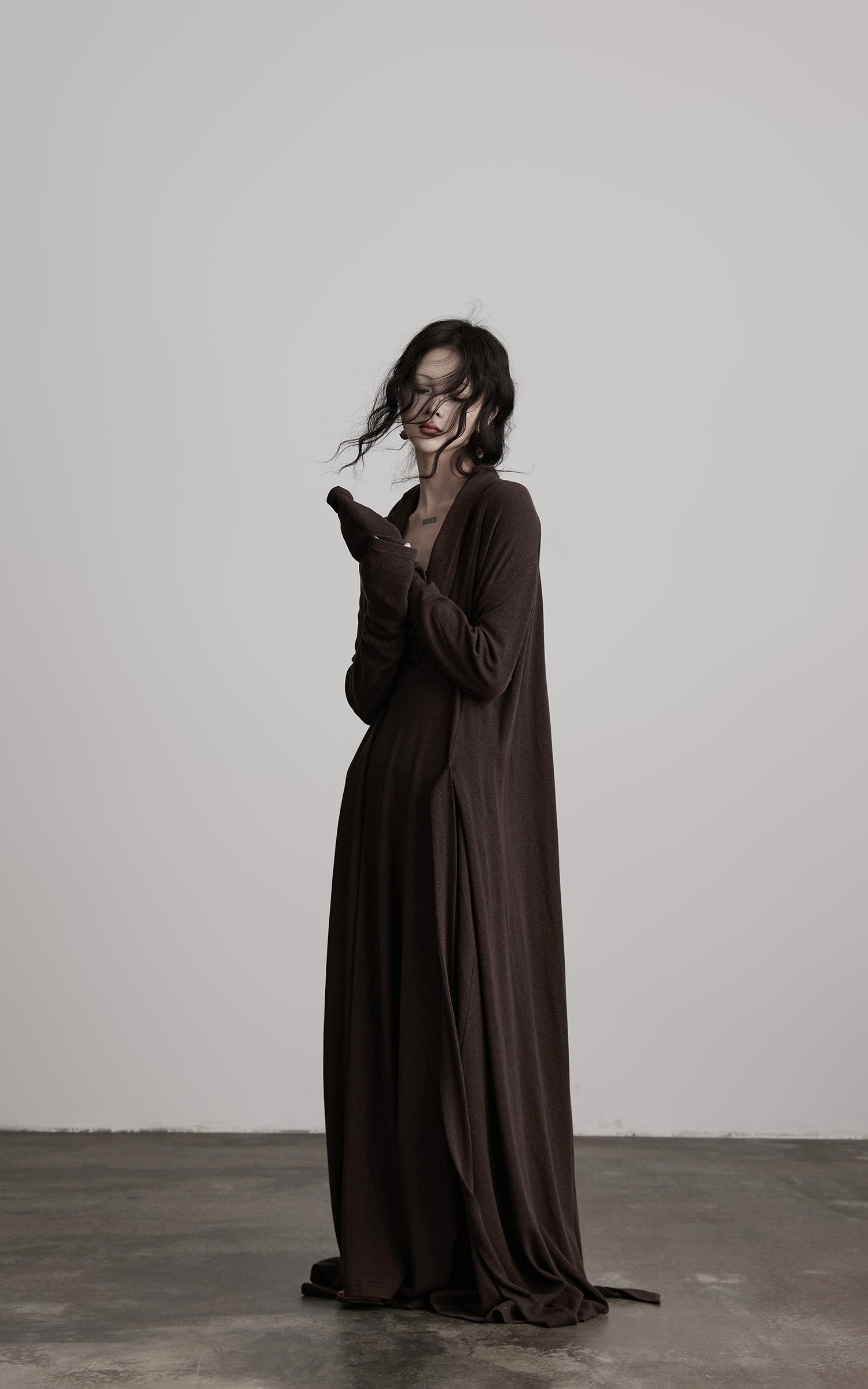 DOINDULGE Draped Knit Maxi Dress with Cowl Neck and Natural Button Detail