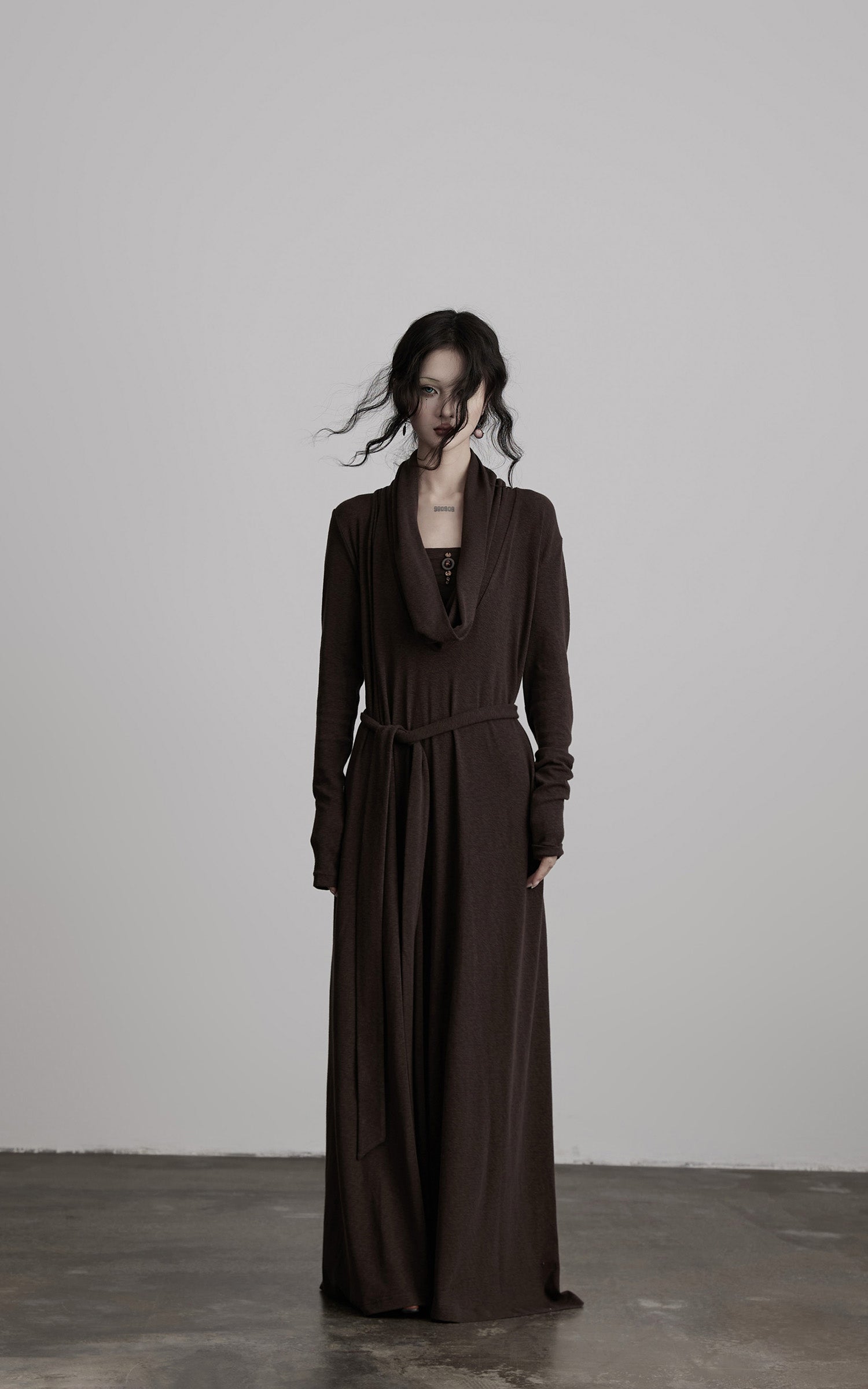 DOINDULGE Draped Knit Maxi Dress with Cowl Neck and Natural Button Detail