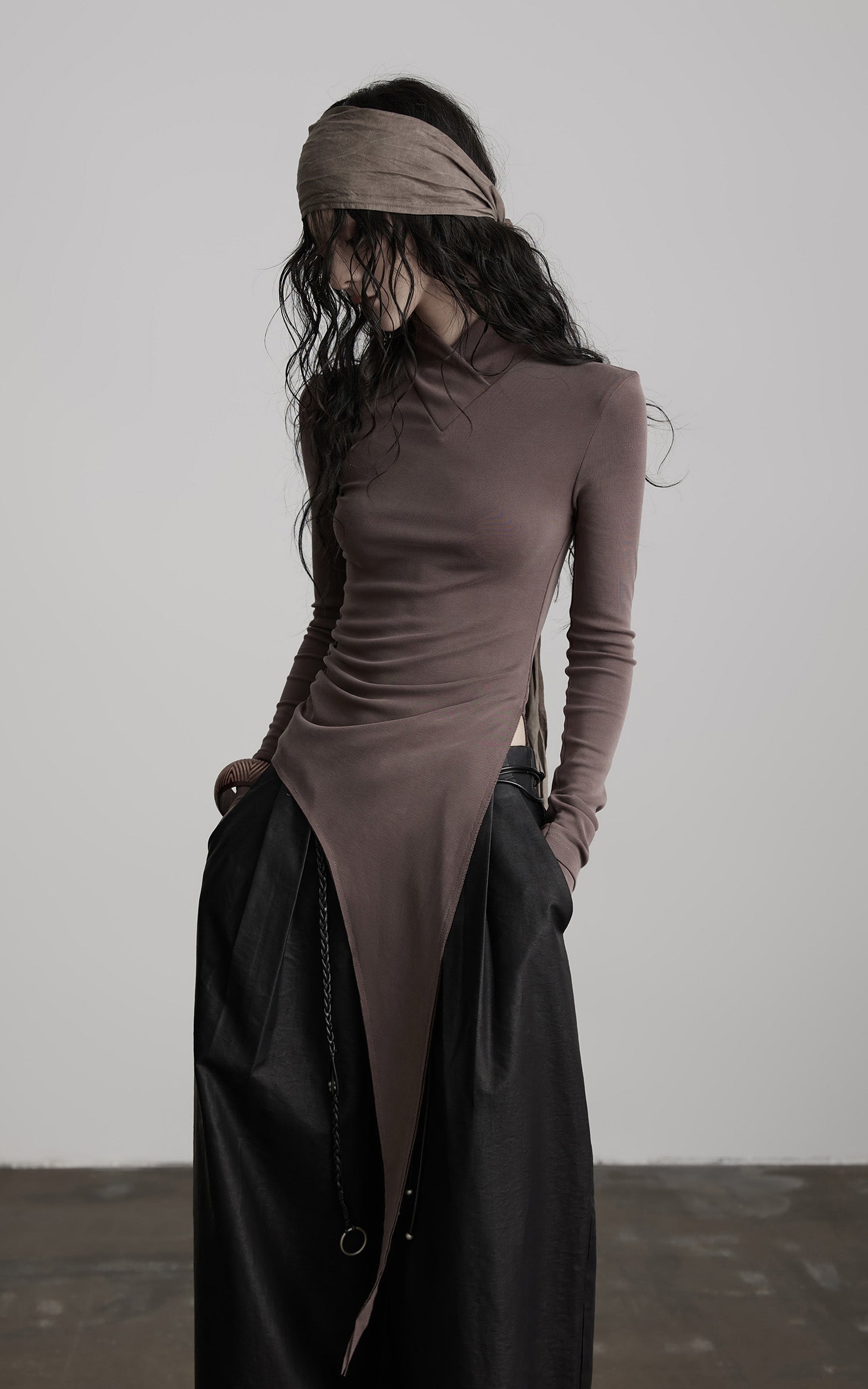 DOINDULGE Asymmetric Long Sleeve Top with Draped Hem