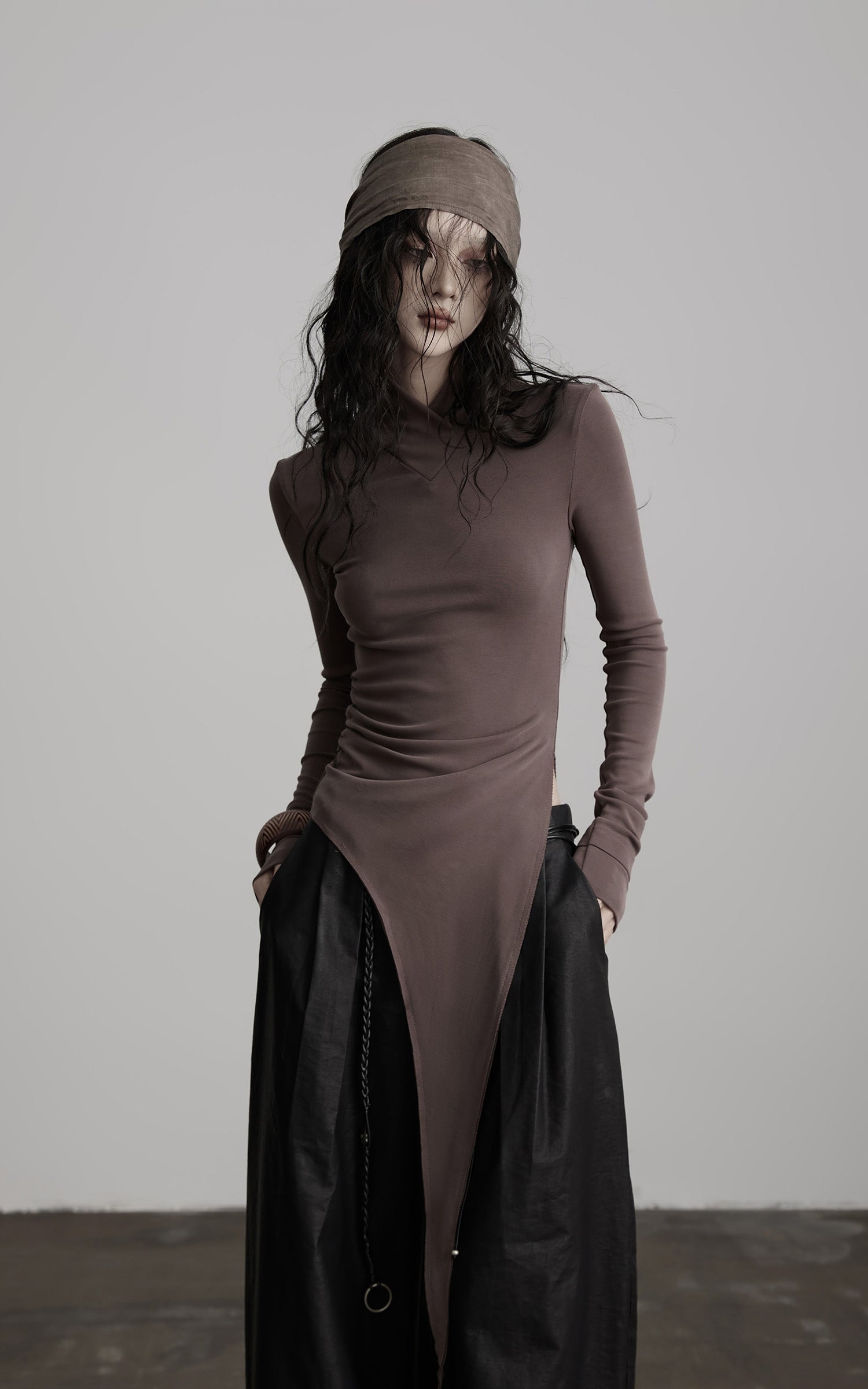 DOINDULGE Asymmetric Long Sleeve Top with Draped Hem