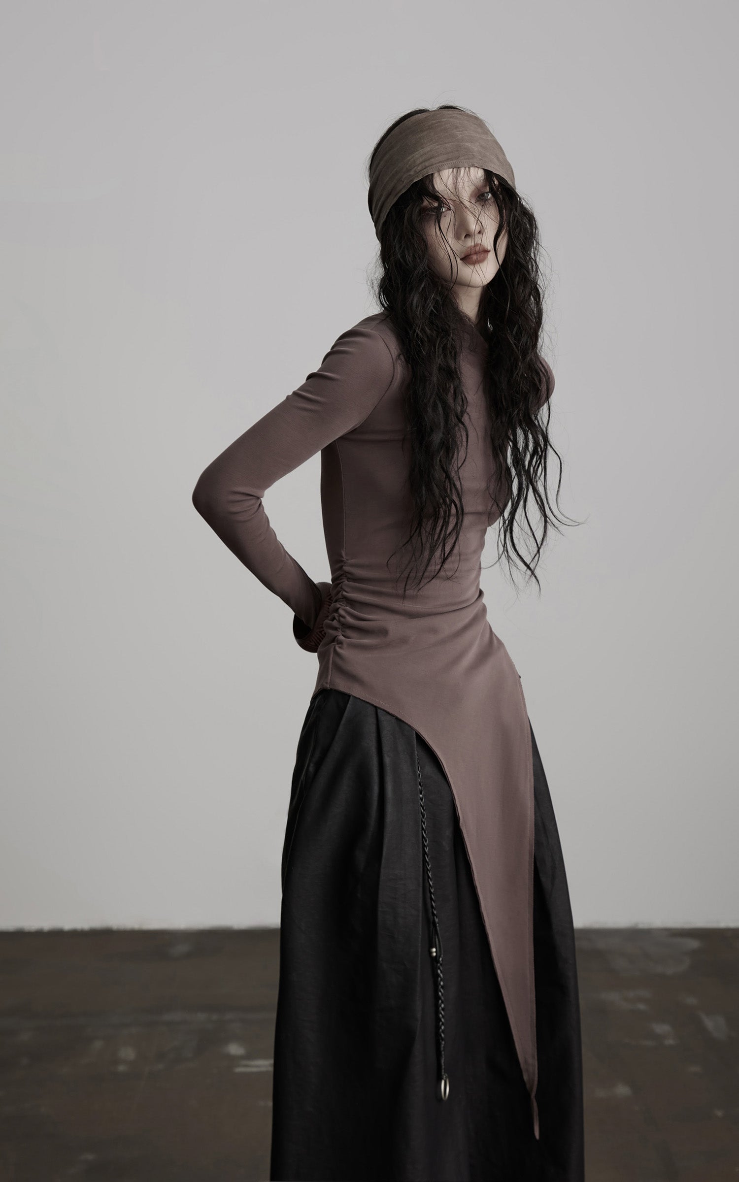 DOINDULGE Asymmetric Long Sleeve Top with Draped Hem