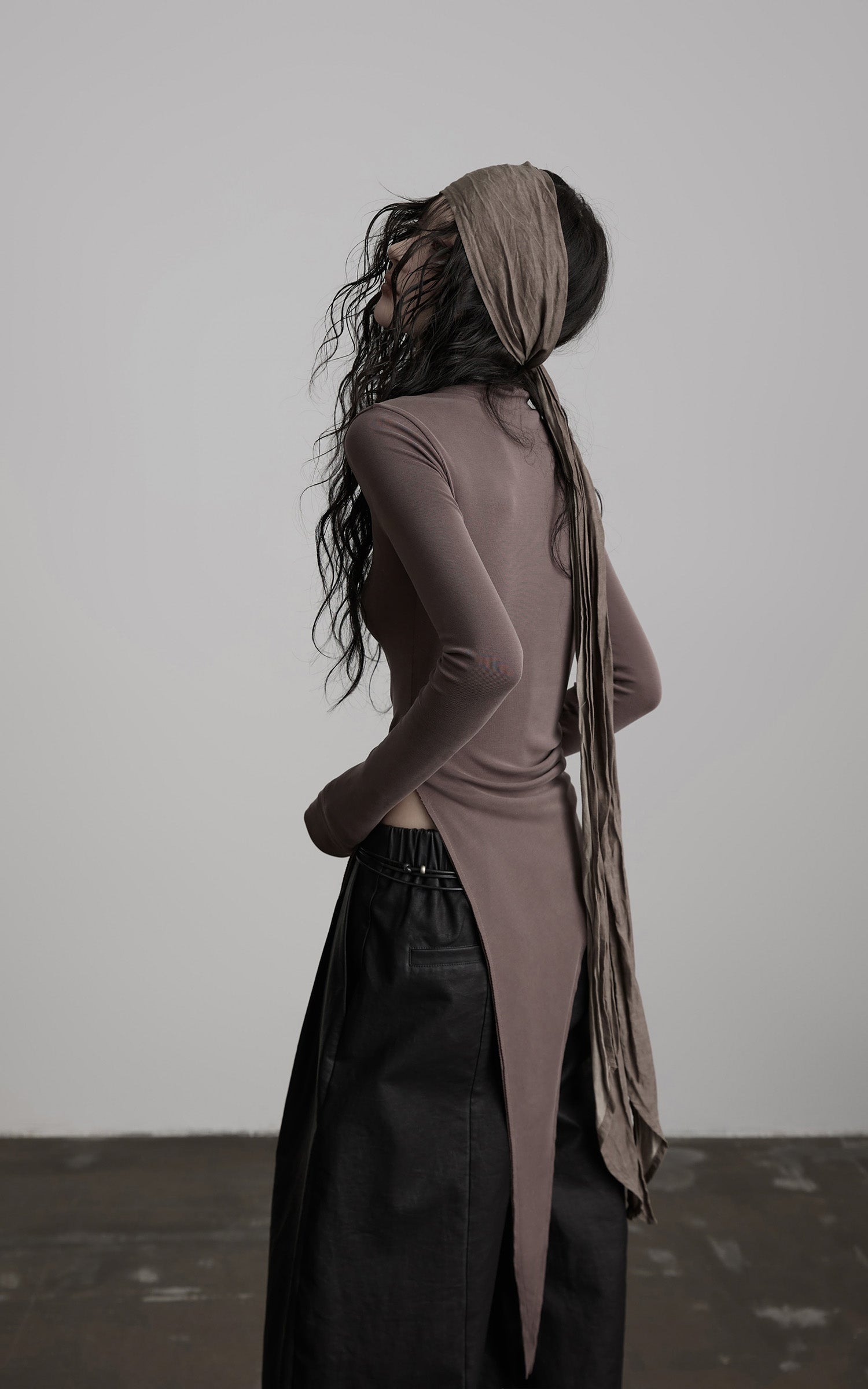 DOINDULGE Asymmetric Long Sleeve Top with Draped Hem