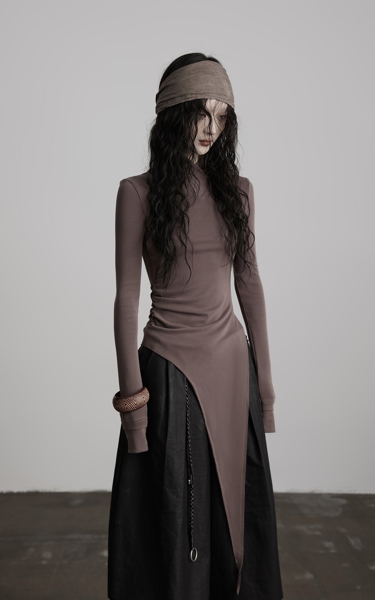 DOINDULGE Asymmetric Long Sleeve Top with Draped Hem