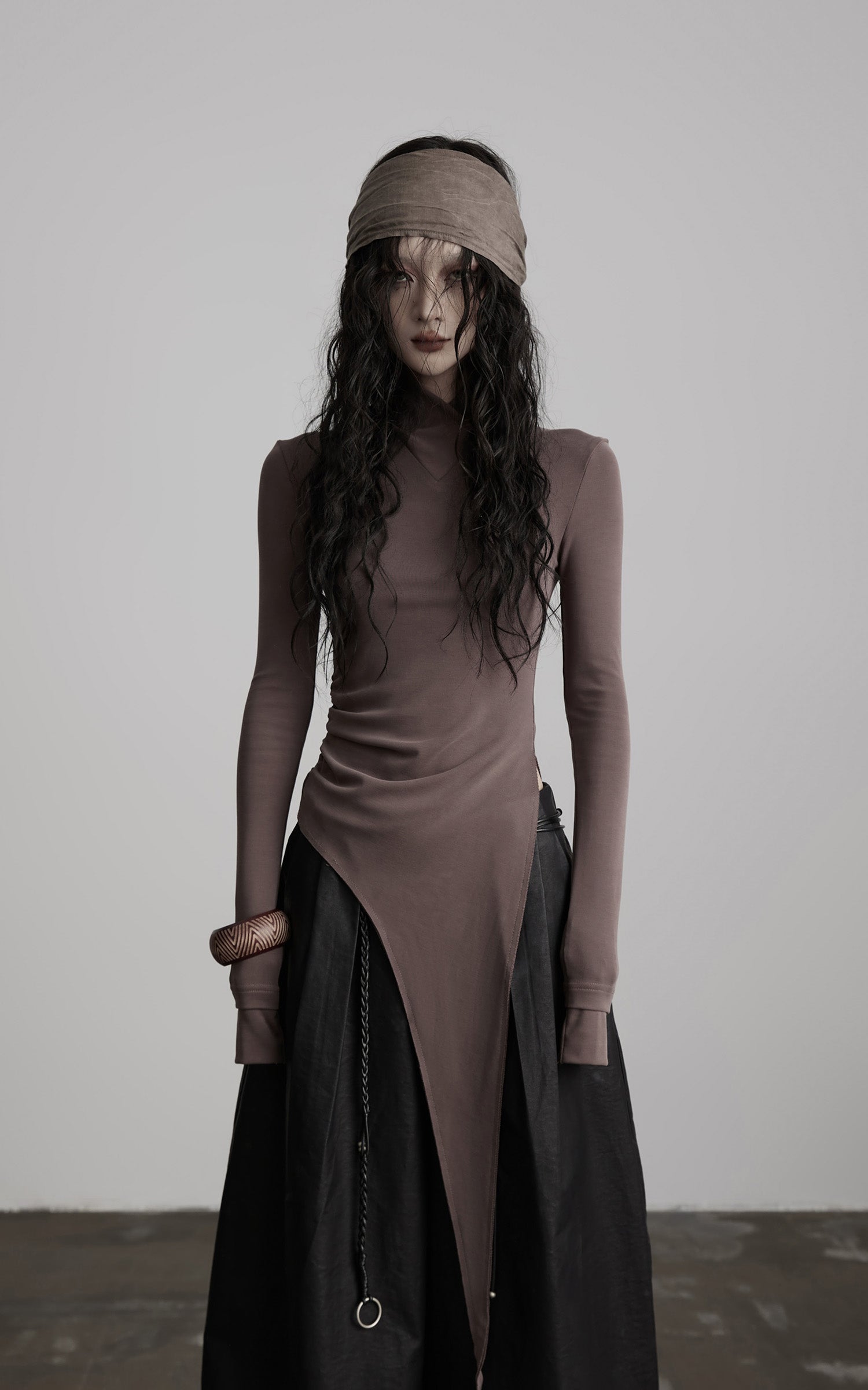 DOINDULGE Asymmetric Long Sleeve Top with Draped Hem