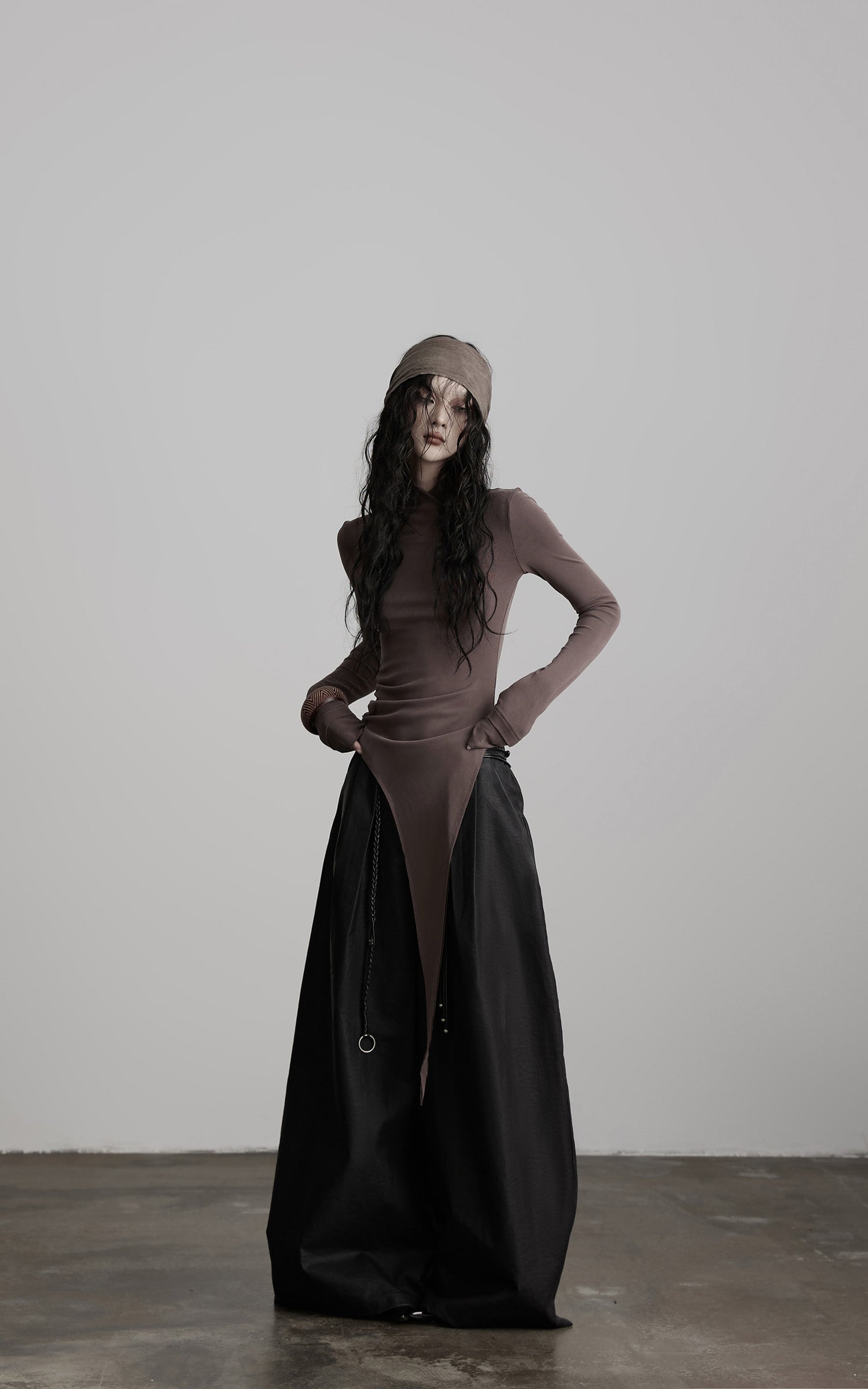 DOINDULGE Asymmetric Long Sleeve Top with Draped Hem