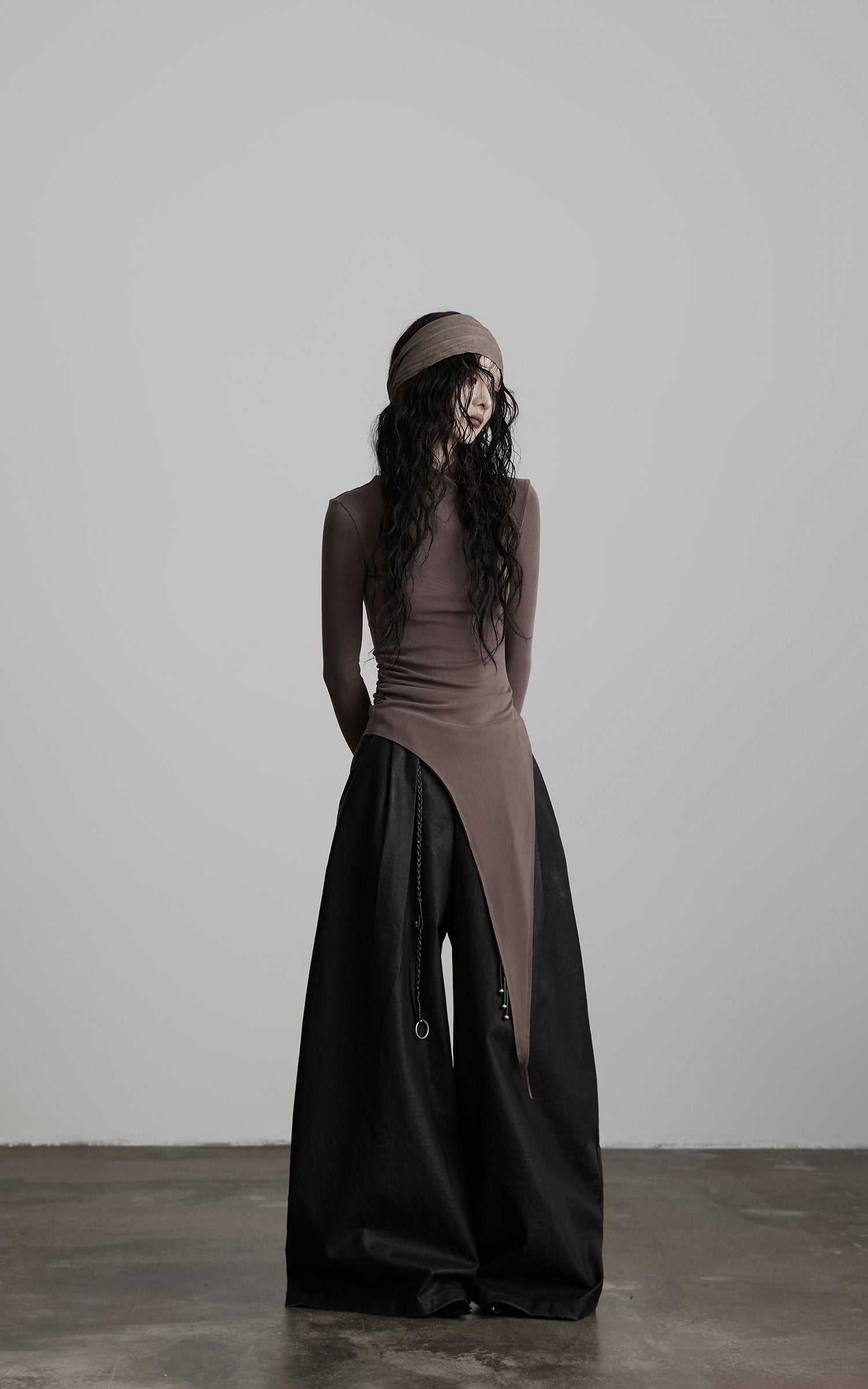 DOINDULGE Asymmetric Long Sleeve Top with Draped Hem