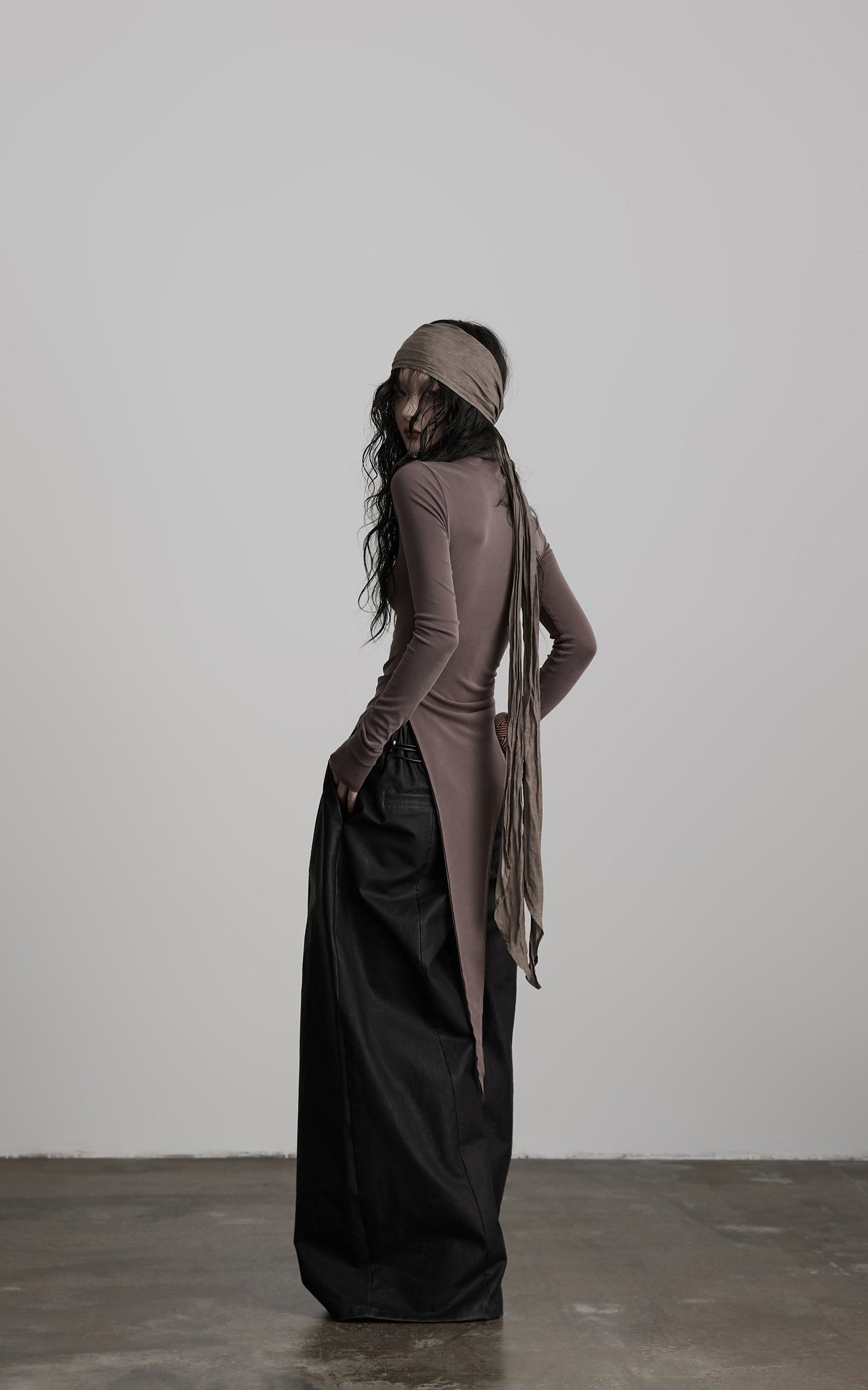DOINDULGE Asymmetric Long Sleeve Top with Draped Hem