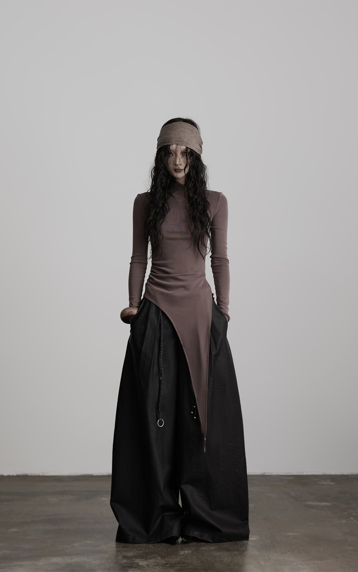 DOINDULGE Asymmetric Long Sleeve Top with Draped Hem