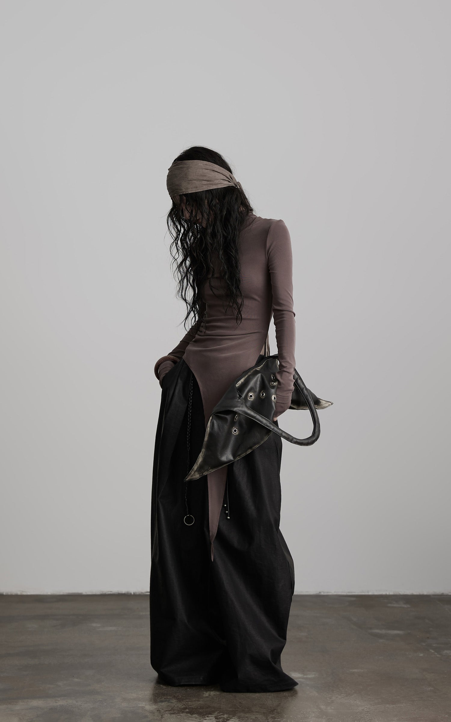 DOINDULGE Asymmetric Long Sleeve Top with Draped Hem