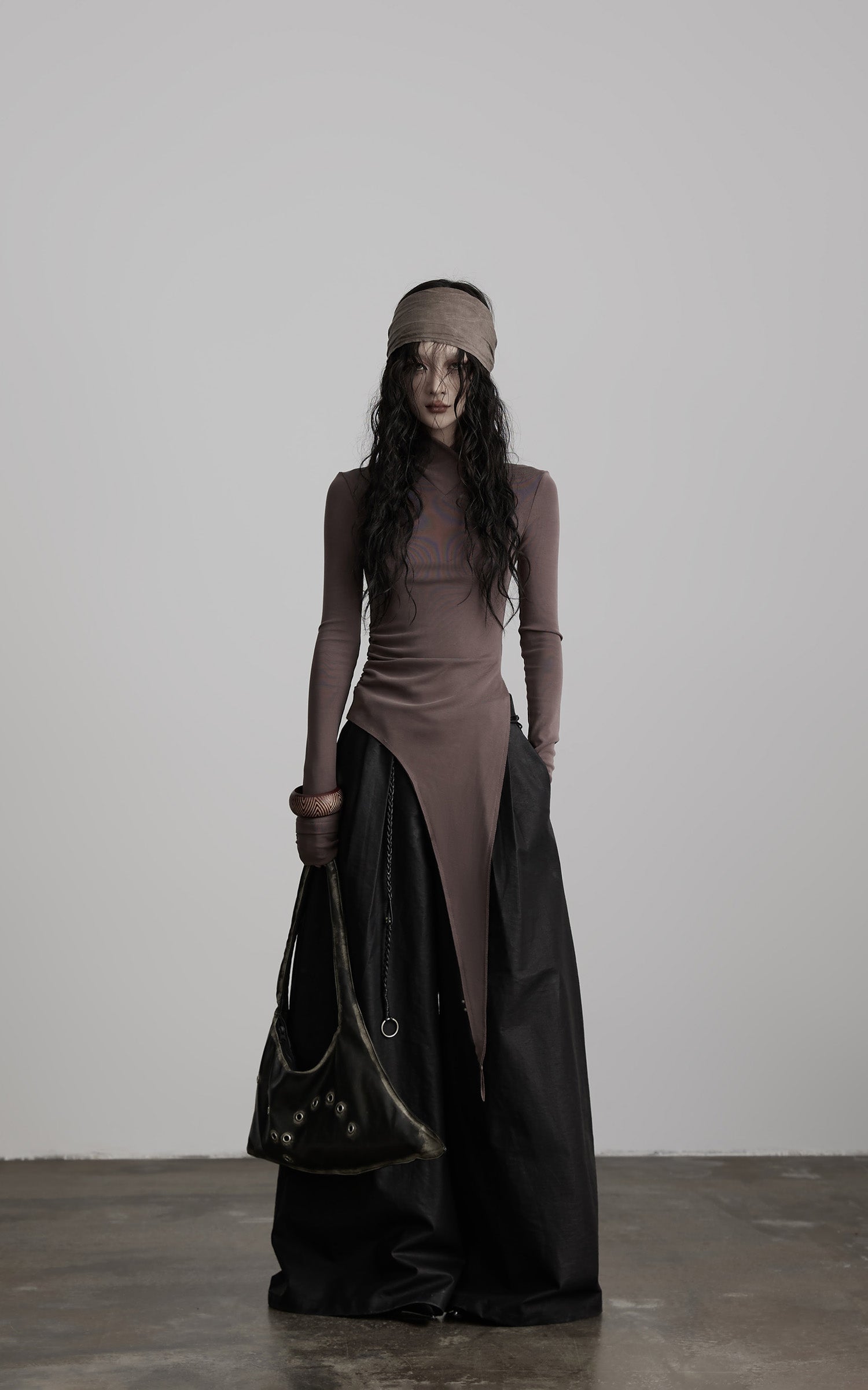 DOINDULGE Asymmetric Long Sleeve Top with Draped Hem