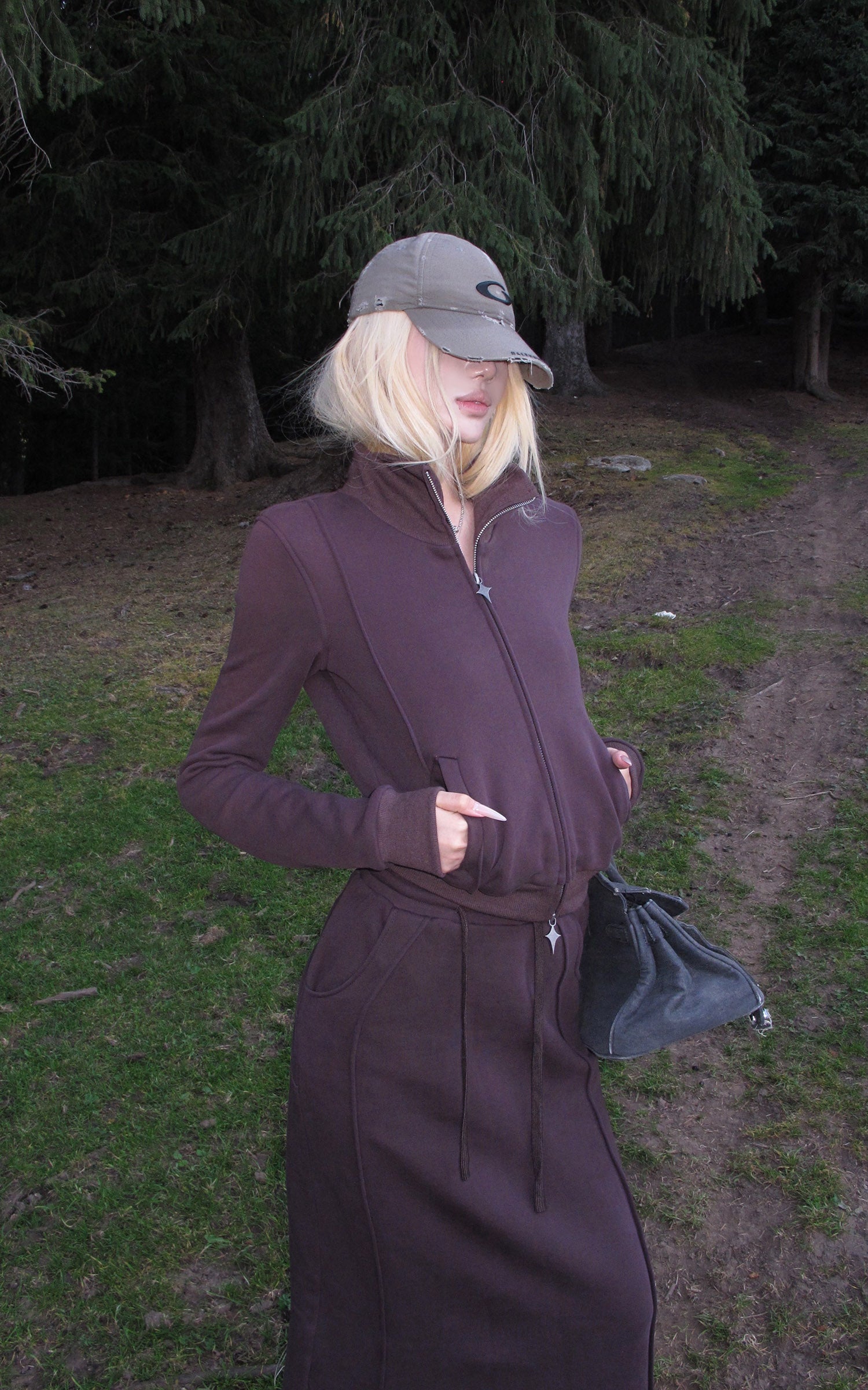 Rase le sol Zip Collar Sweat Jacket and Paneled Maxi Skirt Set