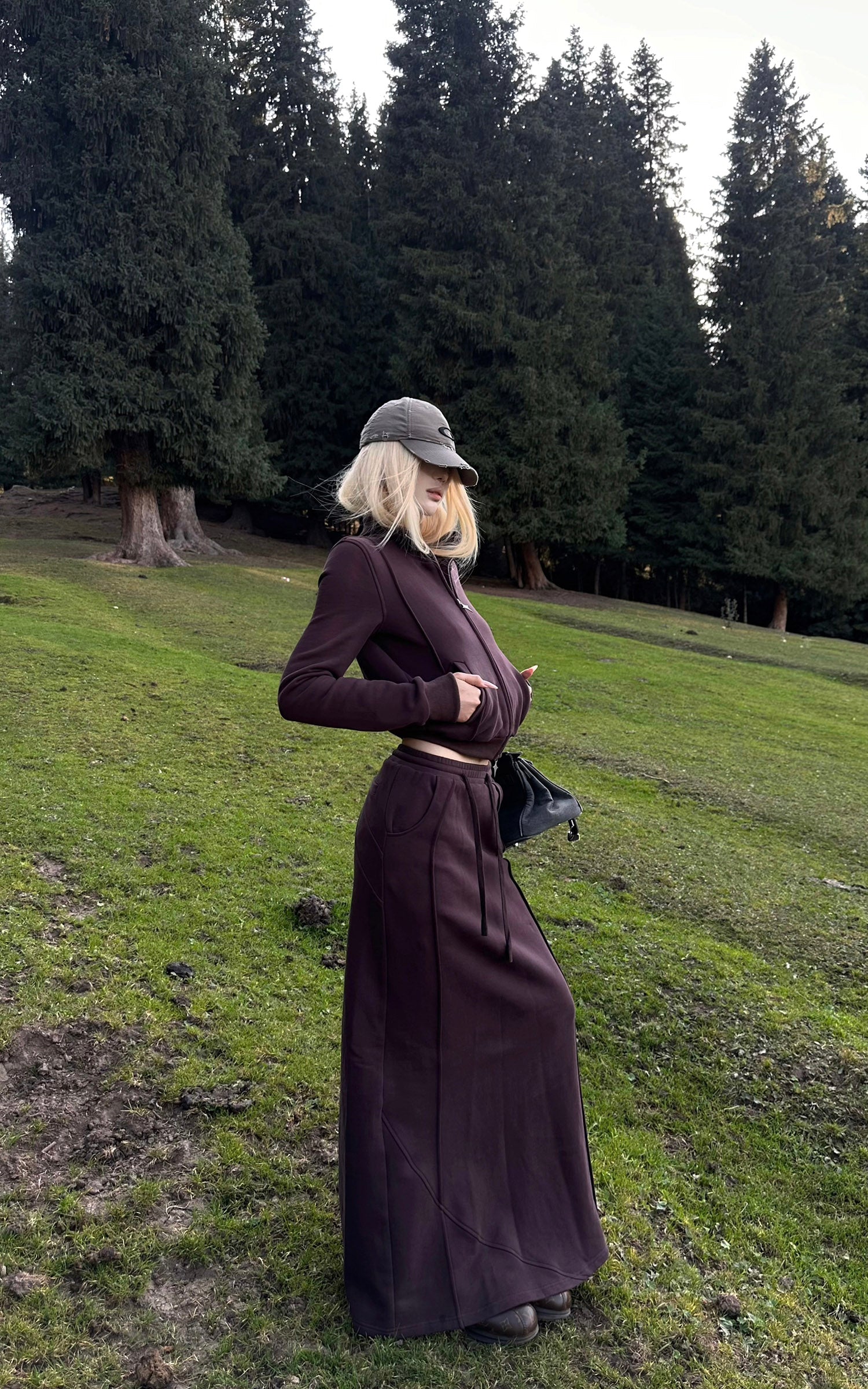 Rase le sol Zip Collar Sweat Jacket and Paneled Maxi Skirt Set