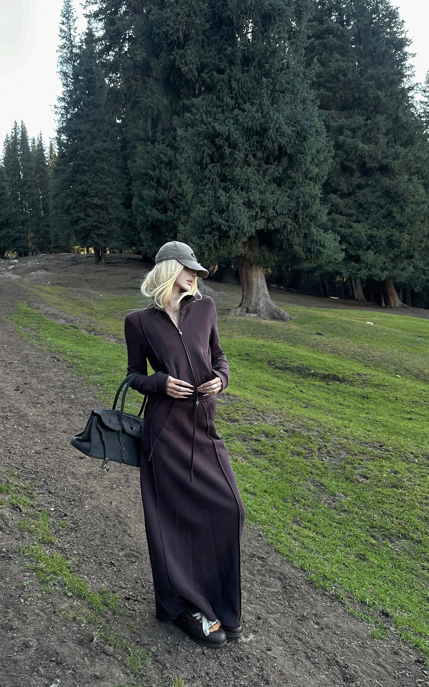 Rase le sol Zip Collar Sweat Jacket and Paneled Maxi Skirt Set