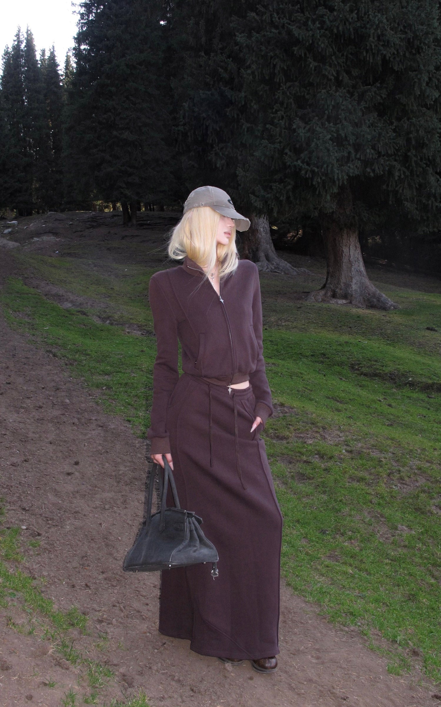 Rase le sol Zip Collar Sweat Jacket and Paneled Maxi Skirt Set