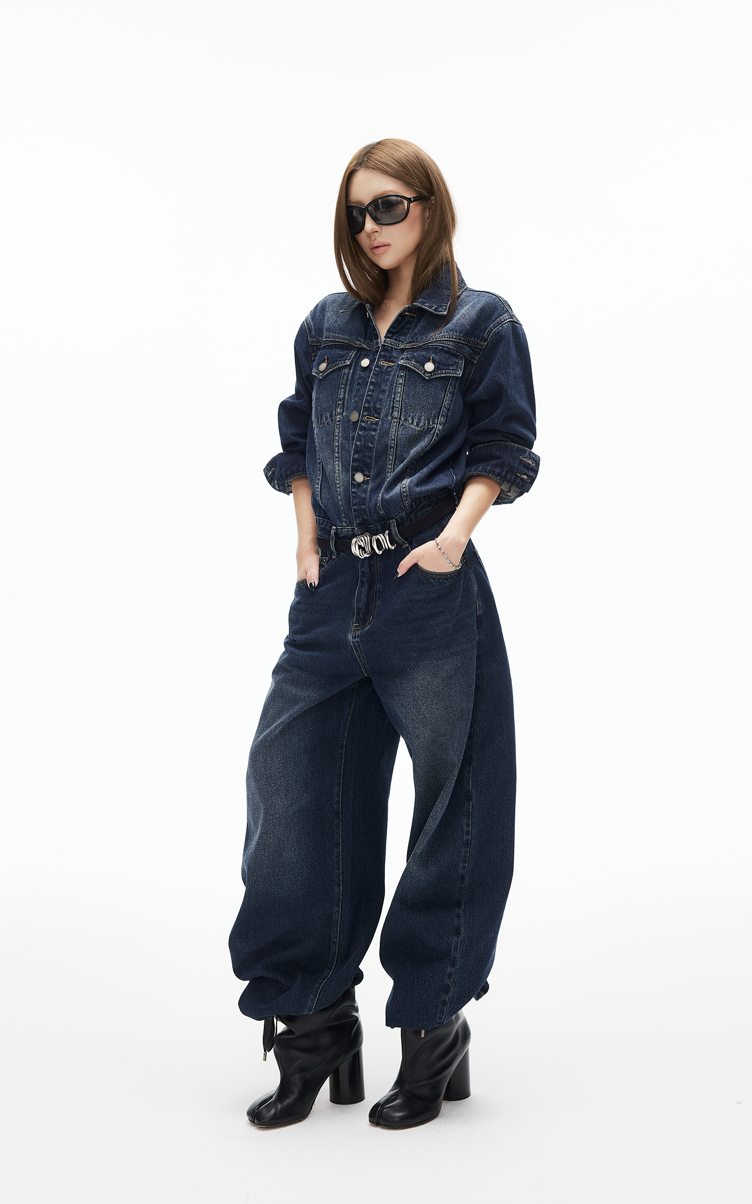 IAMXIAA Dark Wash Denim Jumpsuit Vintage Utility Style