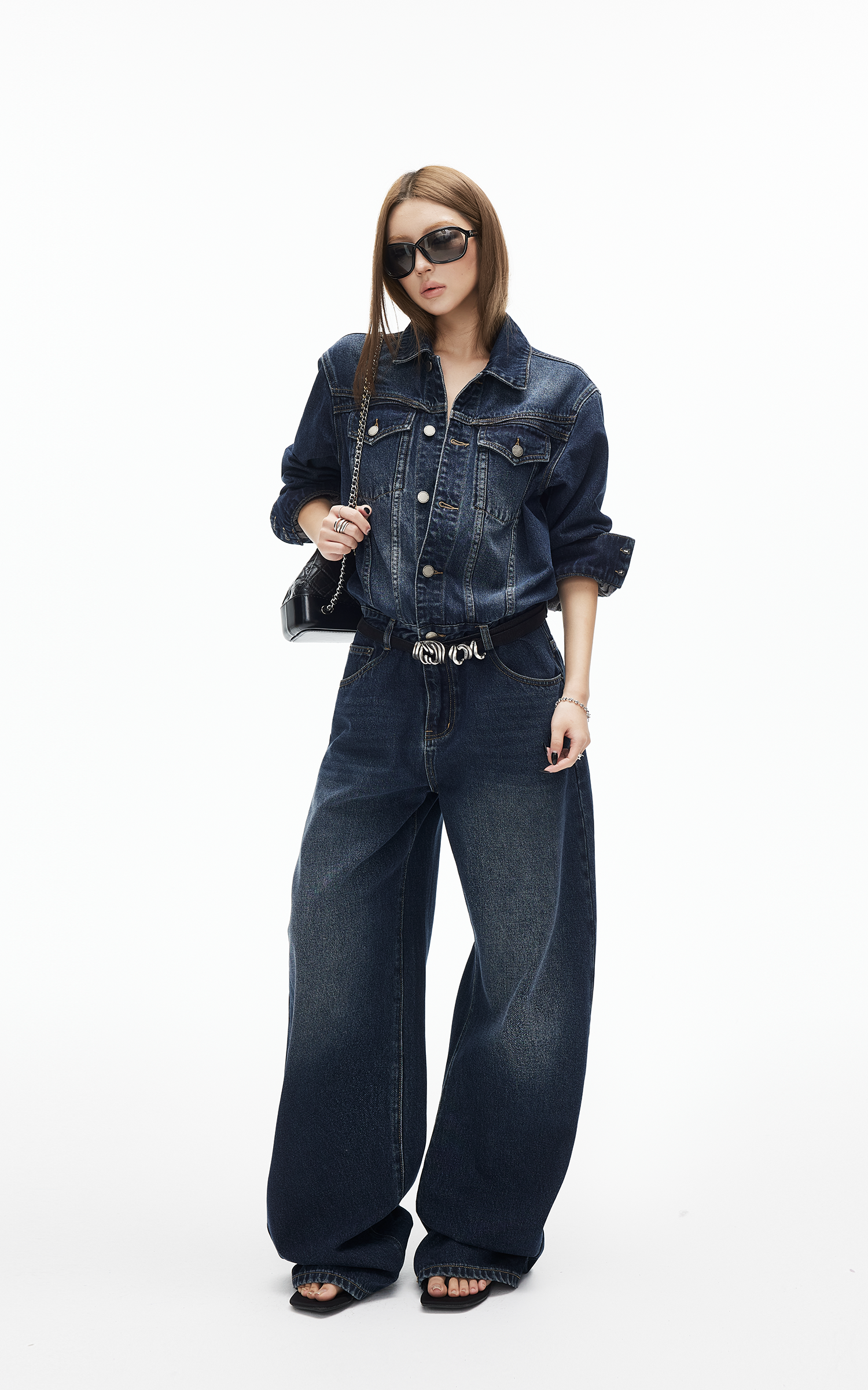 IAMXIAA Dark Wash Denim Jumpsuit Vintage Utility Style