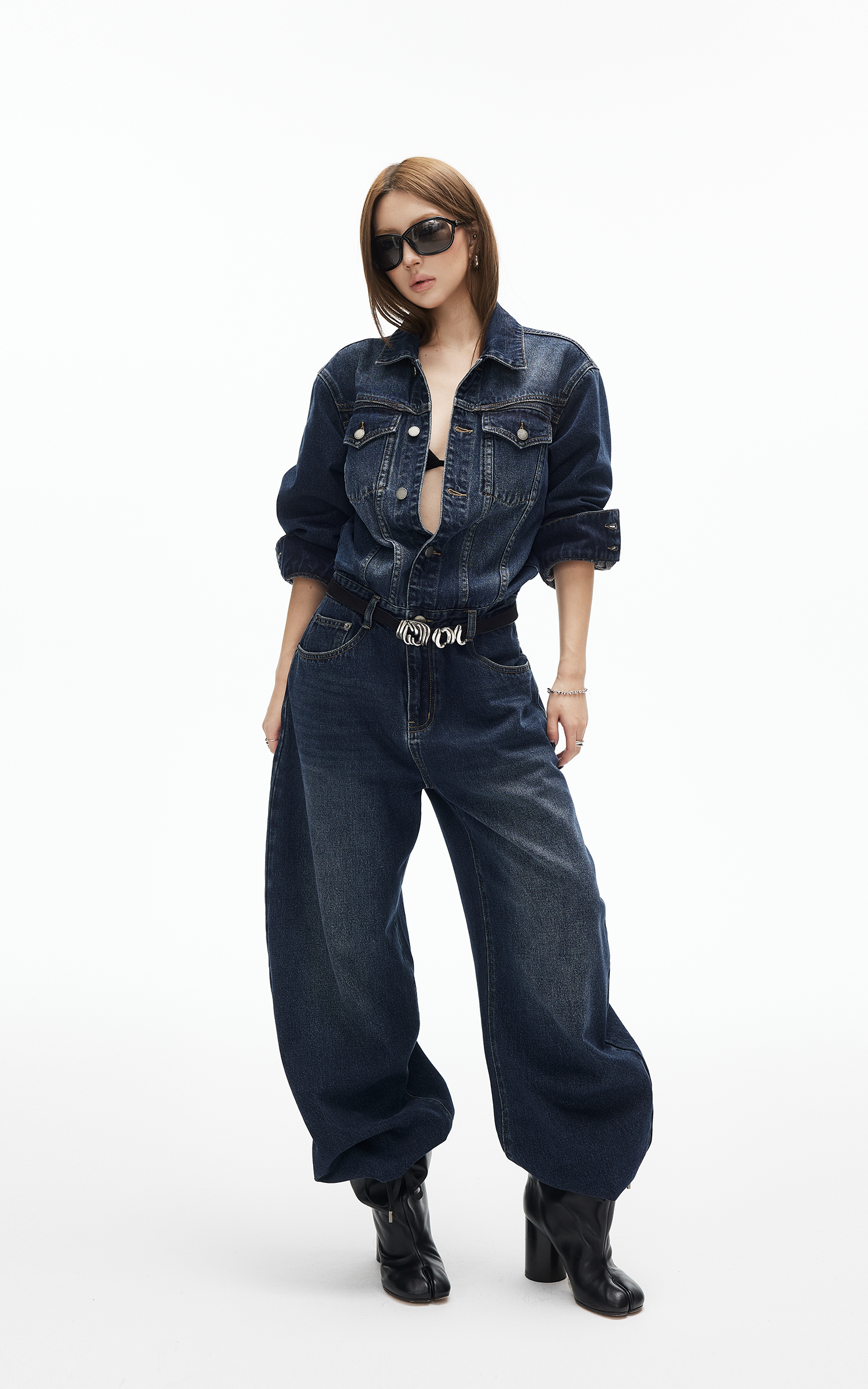IAMXIAA Dark Wash Denim Jumpsuit Vintage Utility Style