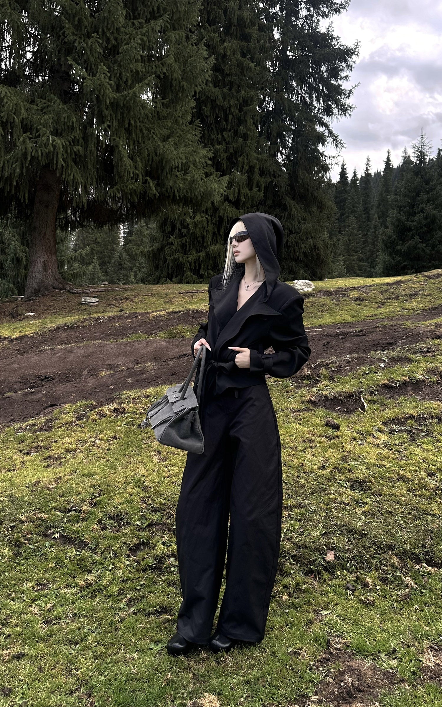 Rase le sol Structured Hooded Blazer and Wide Leg Trouser Set
