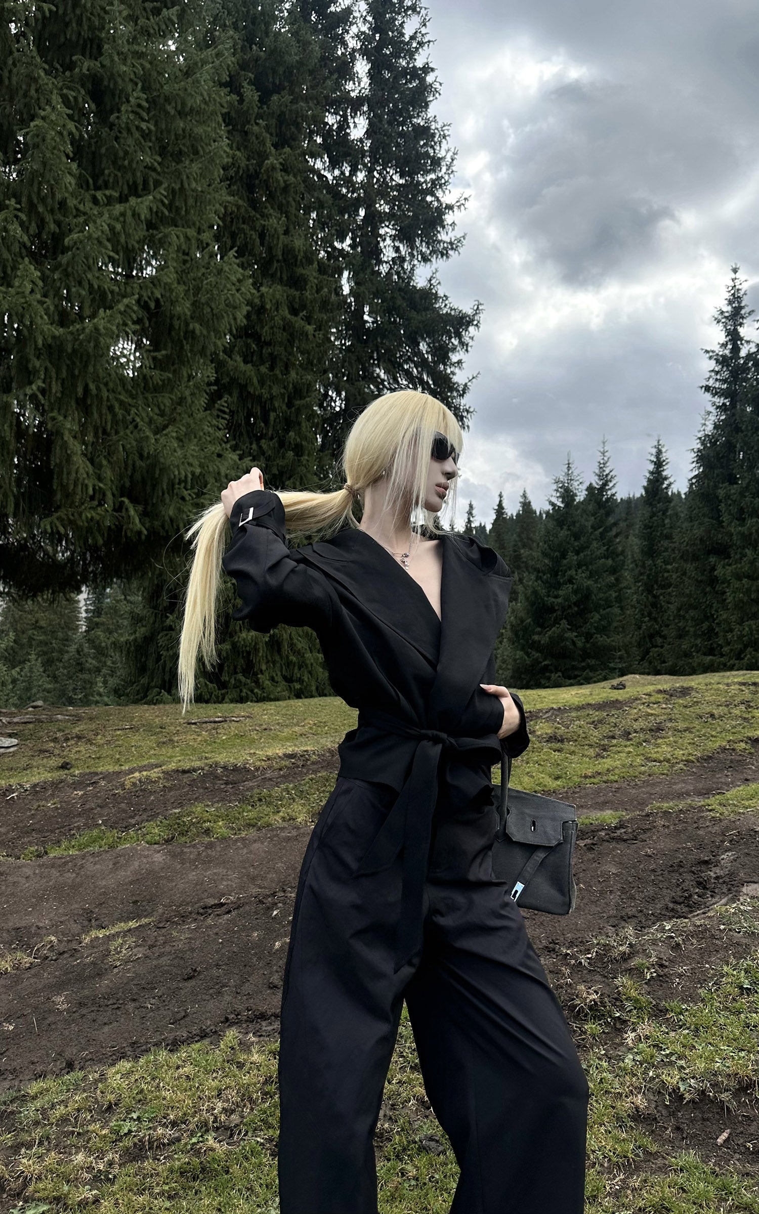 Rase le sol Structured Hooded Blazer and Wide Leg Trouser Set