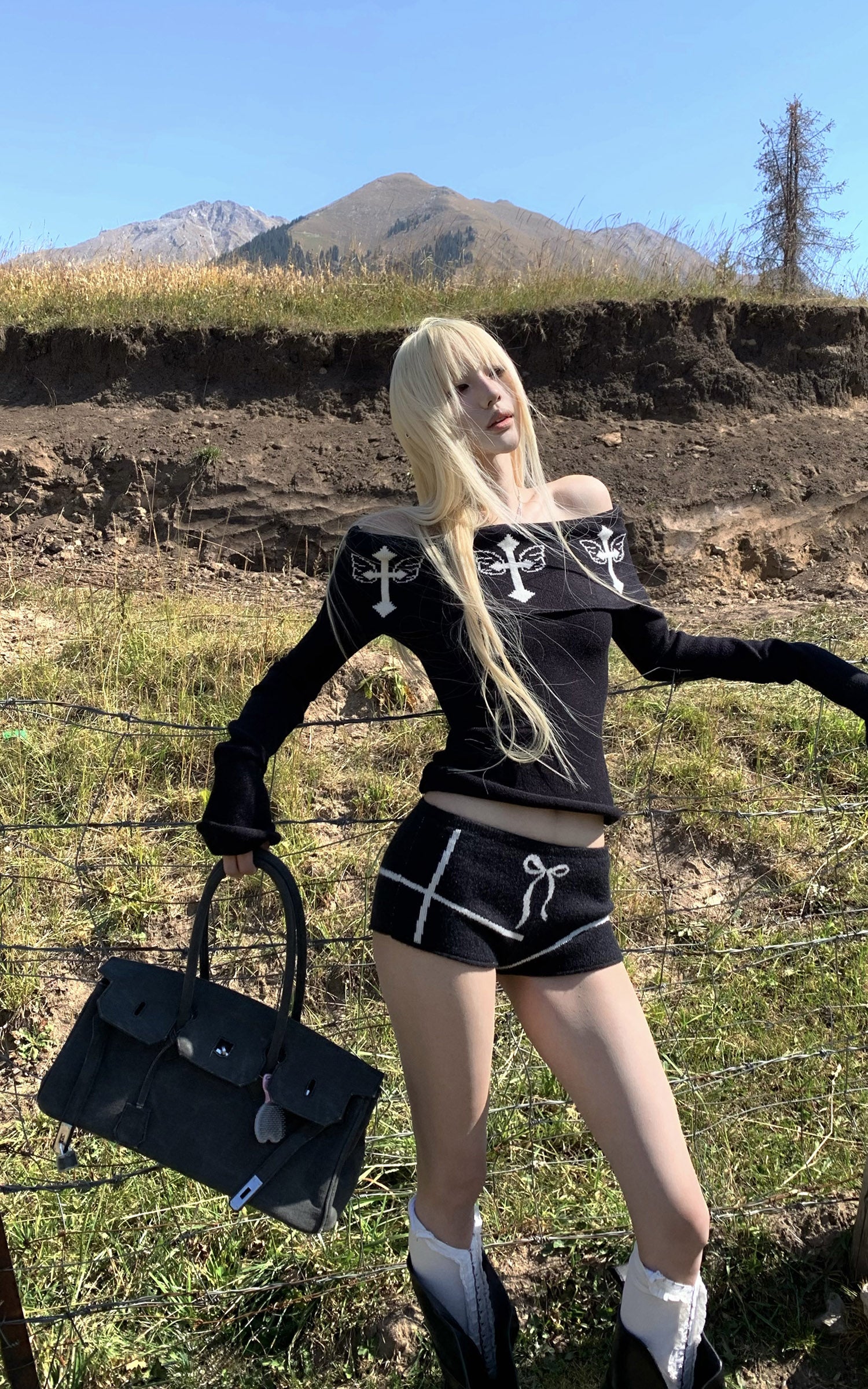 Rase le sol Black Knit Set with Cross Butterfly Motif