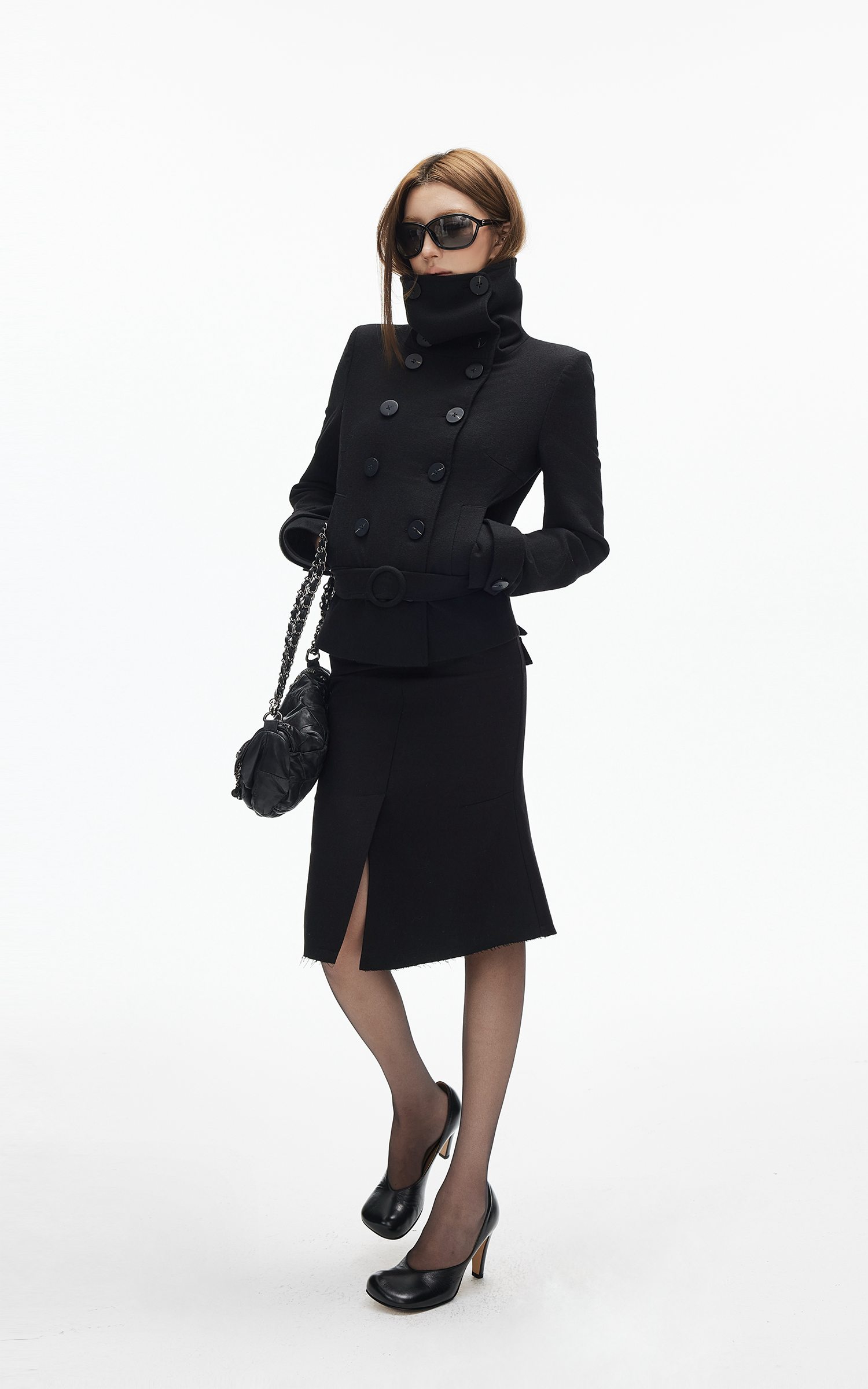 IAMXIAA Wool-Like High Waist Fishtail Midi Skirt with Raw Edge Hem