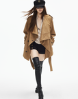 IAMXIAA Faux Suede Belted Jacket with Draped Lapel
