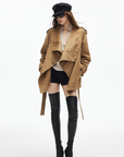 IAMXIAA Faux Suede Belted Jacket with Draped Lapel