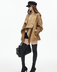 IAMXIAA Faux Suede Belted Jacket with Draped Lapel