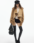 IAMXIAA Faux Suede Belted Jacket with Draped Lapel