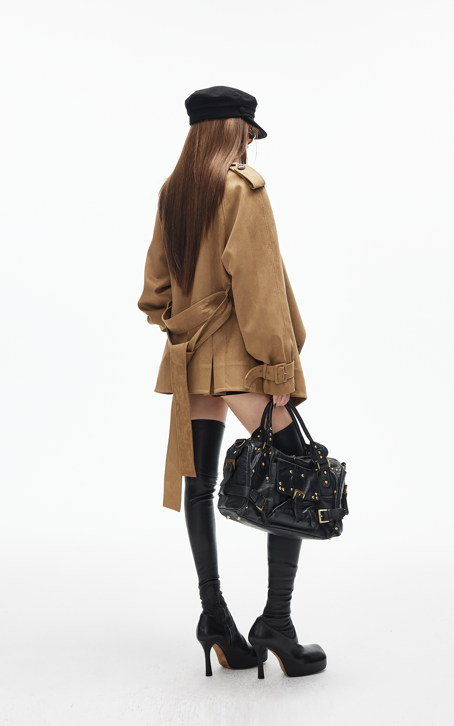 IAMXIAA Faux Suede Belted Jacket with Draped Lapel