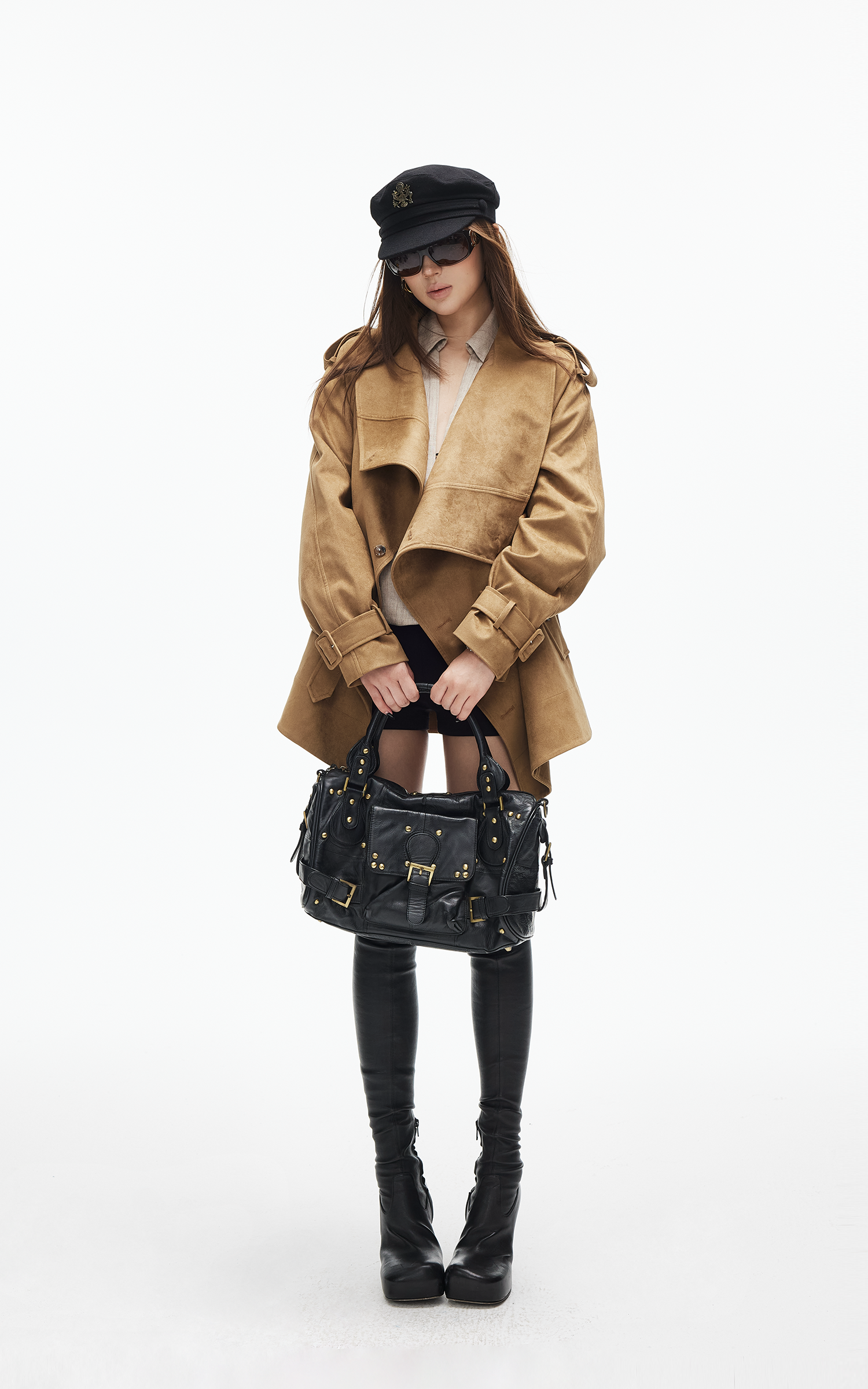 IAMXIAA Faux Suede Belted Jacket with Draped Lapel