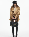 IAMXIAA Faux Suede Belted Jacket with Draped Lapel