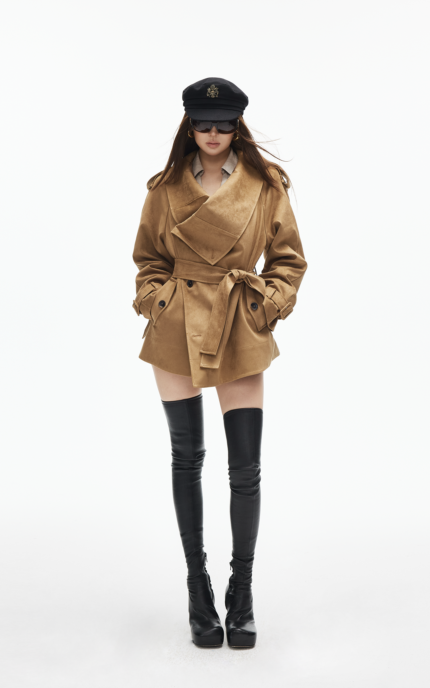 IAMXIAA Faux Suede Belted Jacket with Draped Lapel