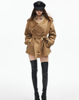 IAMXIAA Faux Suede Belted Jacket with Draped Lapel