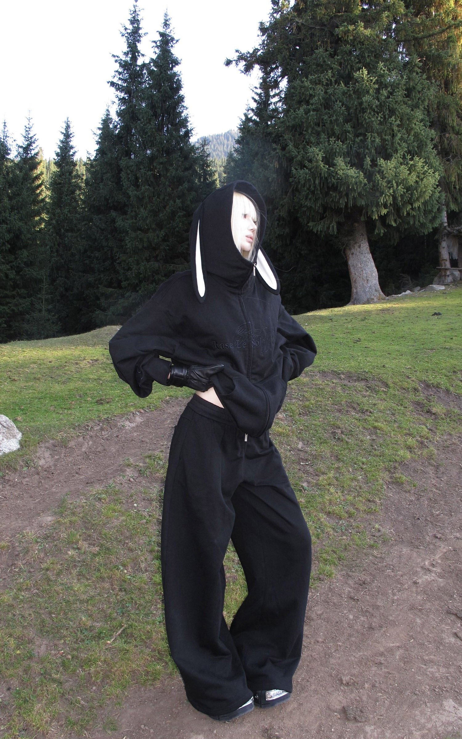 Rase le sol Bunny Ear Hoodie and Wide-Leg Sweatpants Set