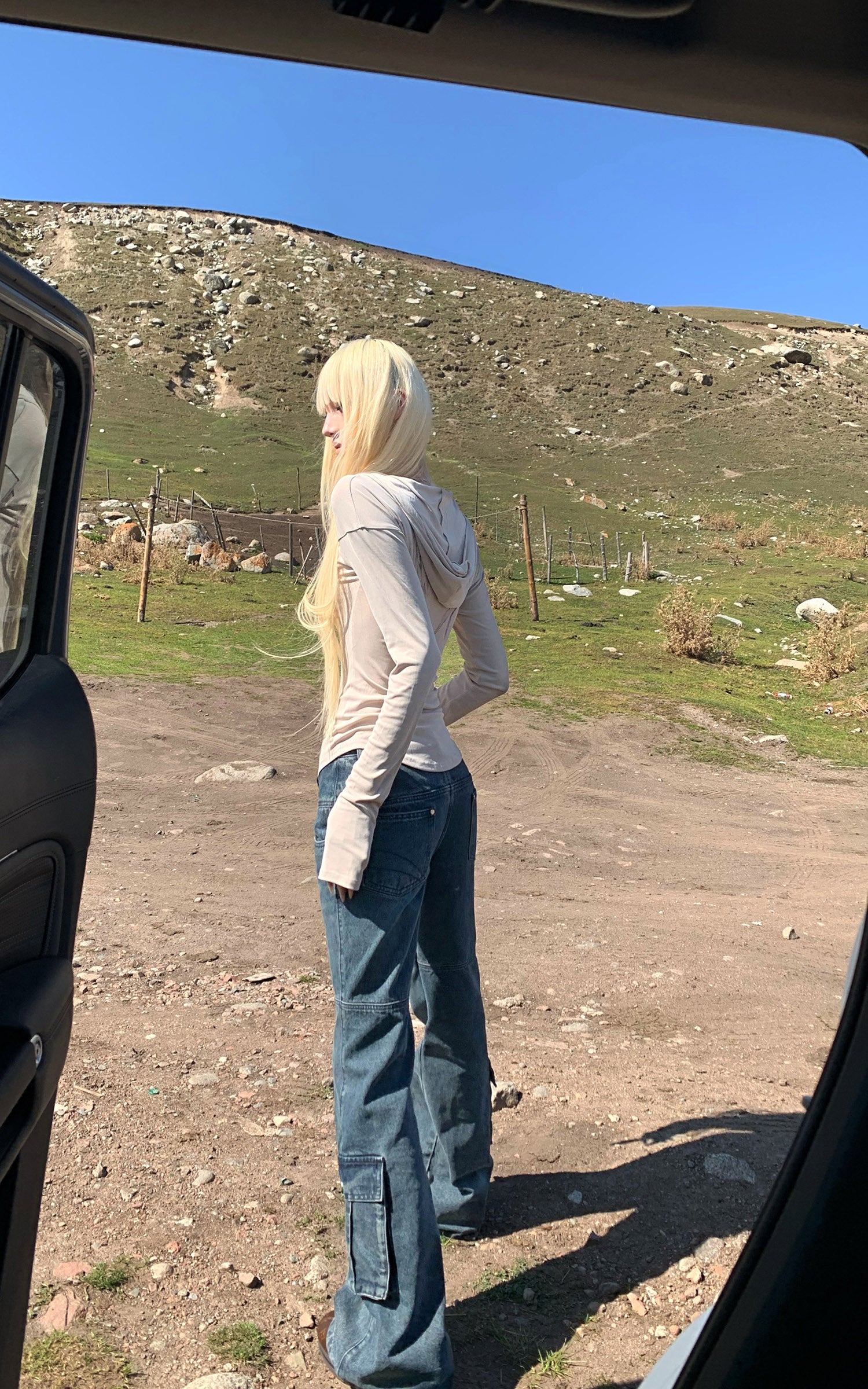Rase le sol Paneled Flared Cargo Denim Pants