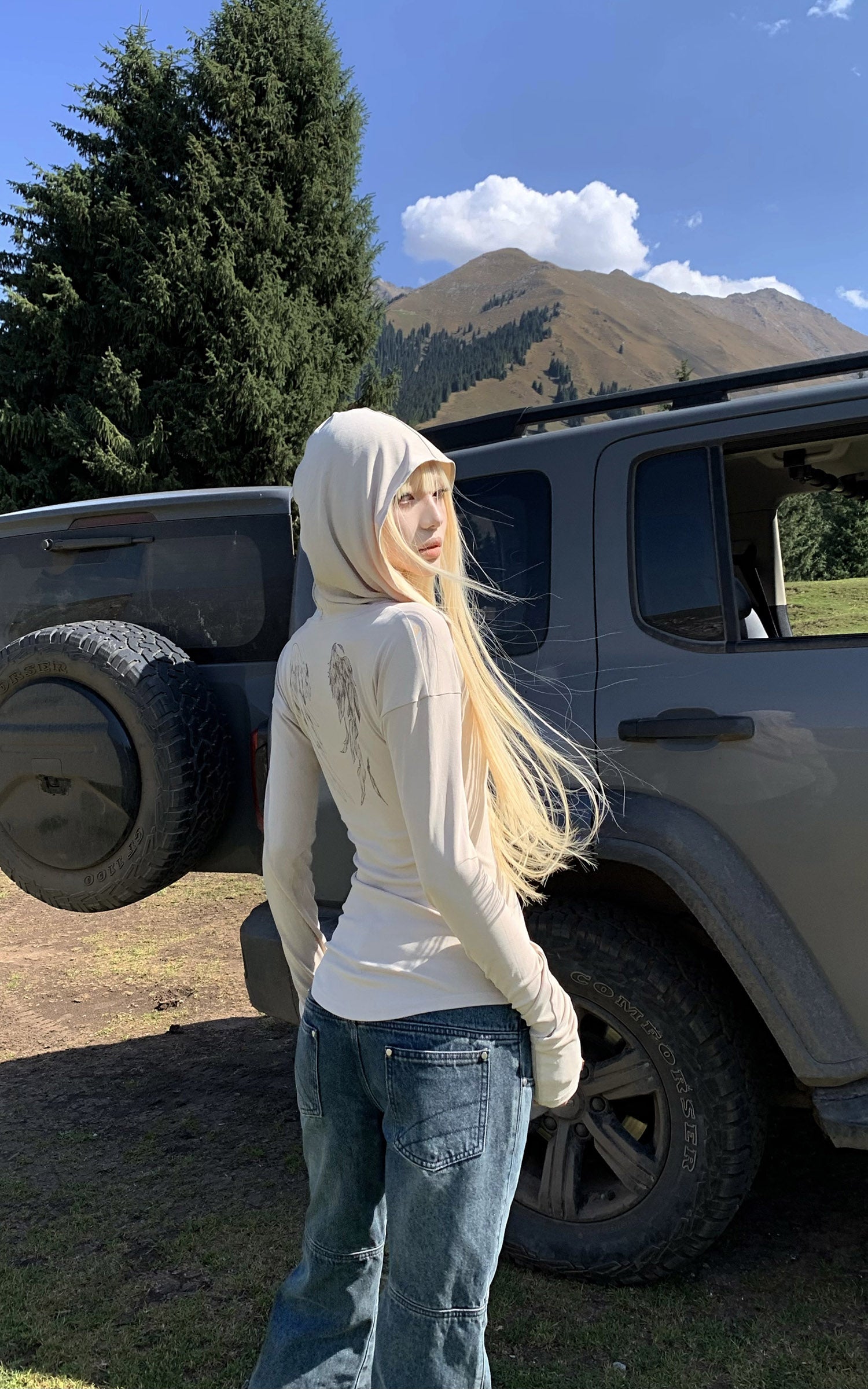 Rase le sol Fitted Long Sleeve Hooded Tee with Sketch Wing Motif