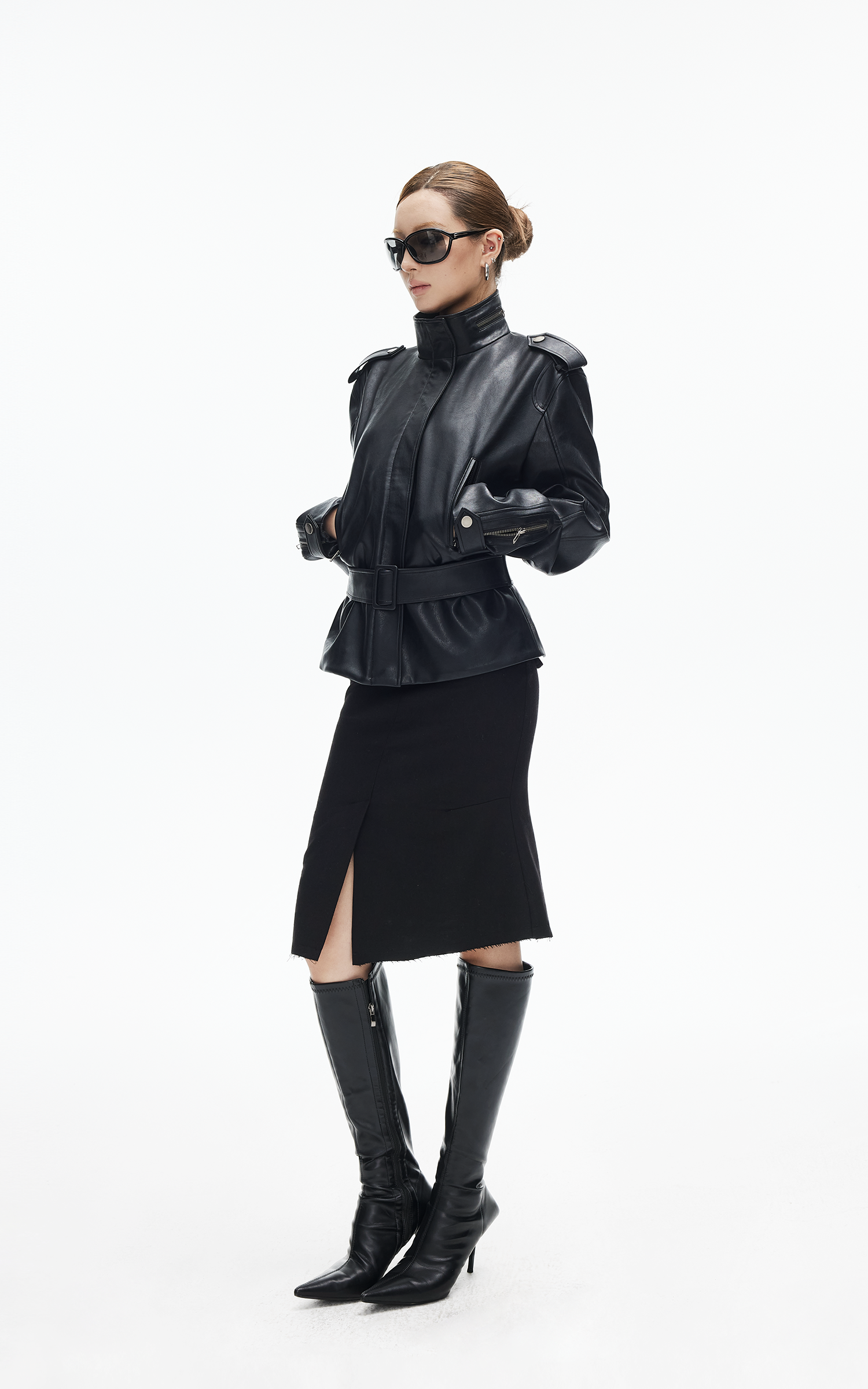 IAMXIAA Belted High-Neck Faux Leather Jacket