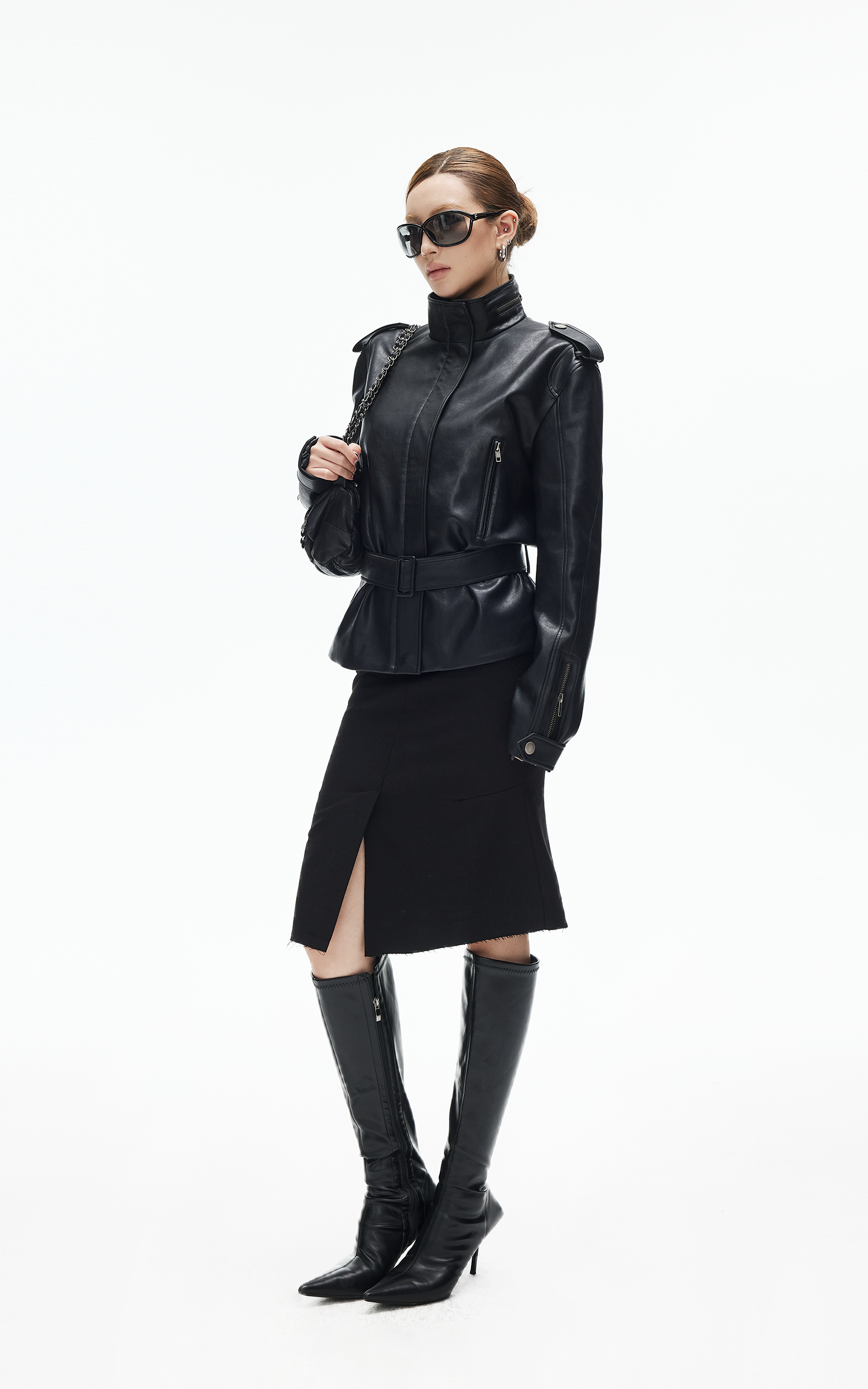 IAMXIAA Belted High-Neck Faux Leather Jacket
