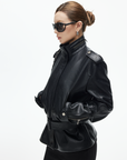 IAMXIAA Belted High-Neck Faux Leather Jacket