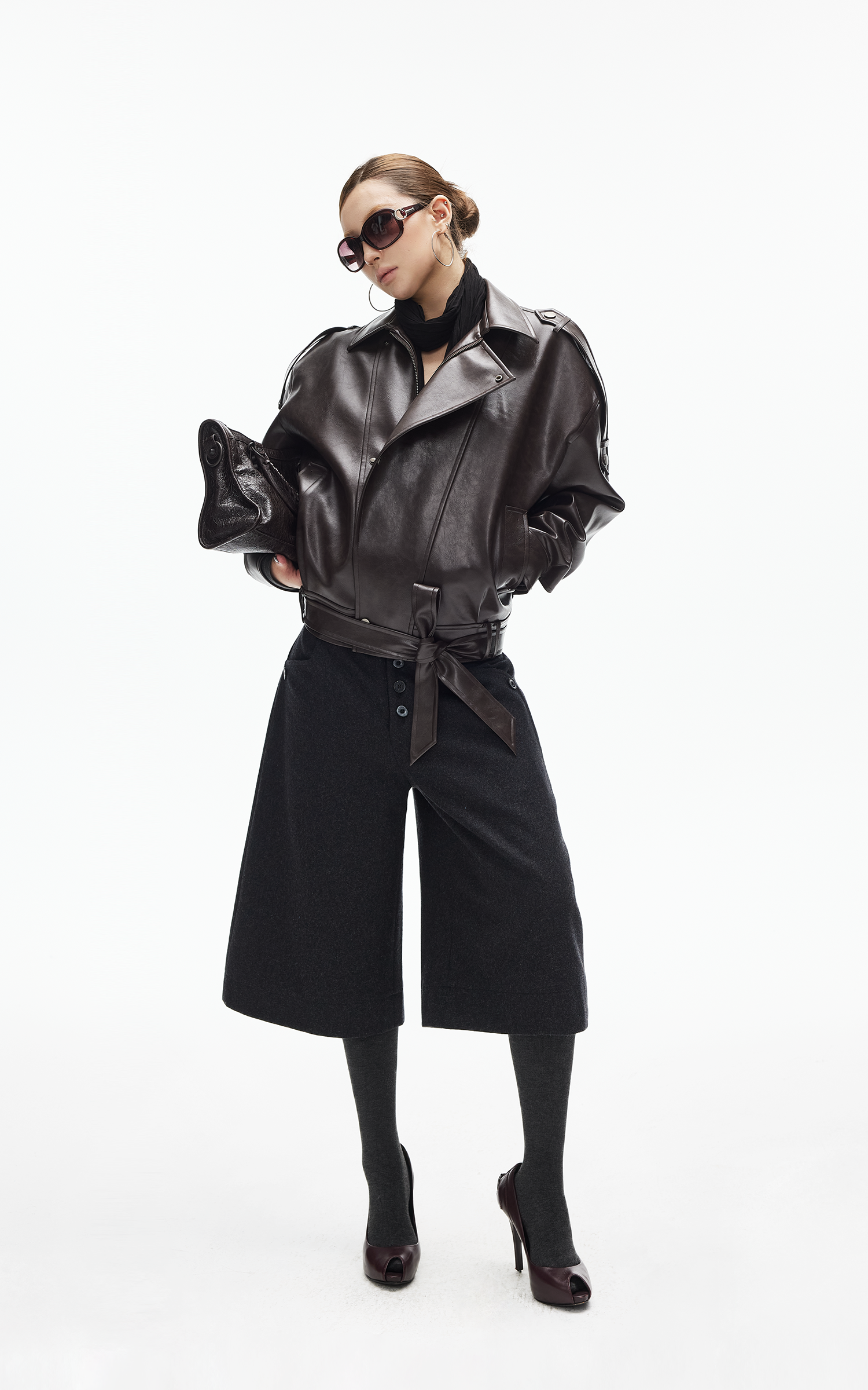 IAMXIAA Faux Leather Belted Jacket