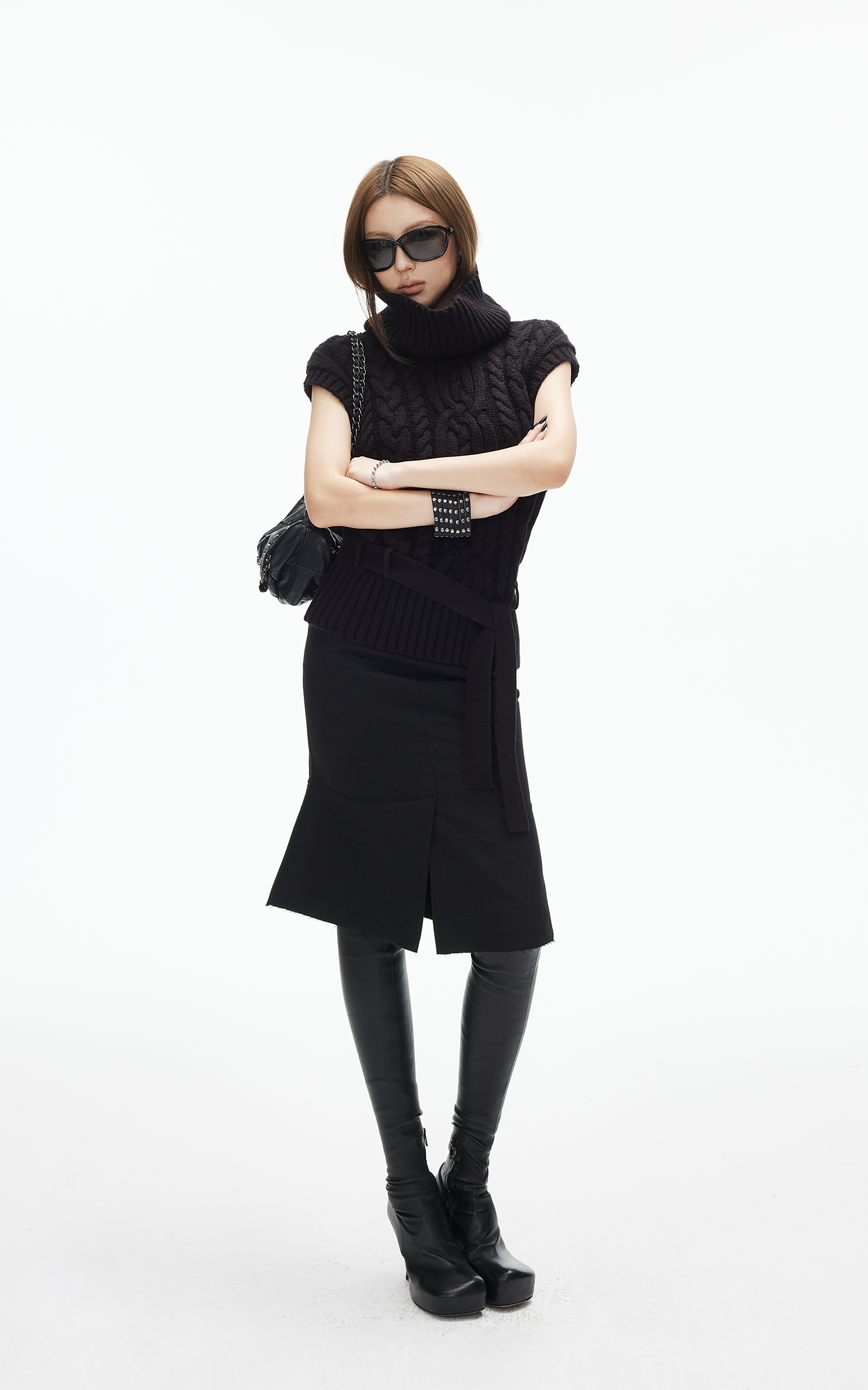 IAMXIAA Wool-Like High Waist Fishtail Midi Skirt with Raw Edge Hem
